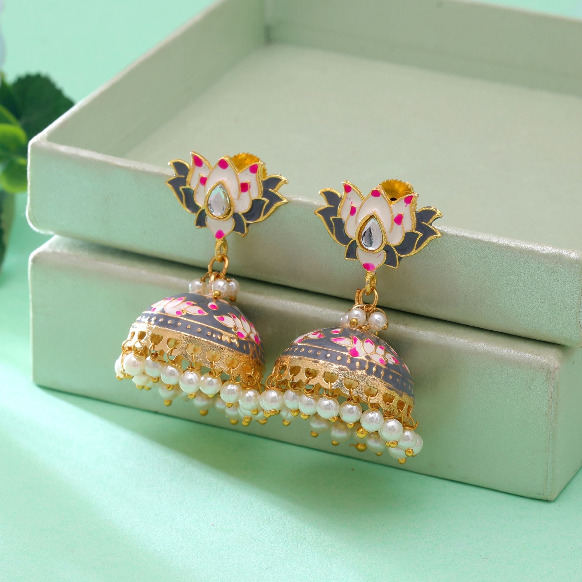 Grey Color Meenakari Earrings Traditional Look