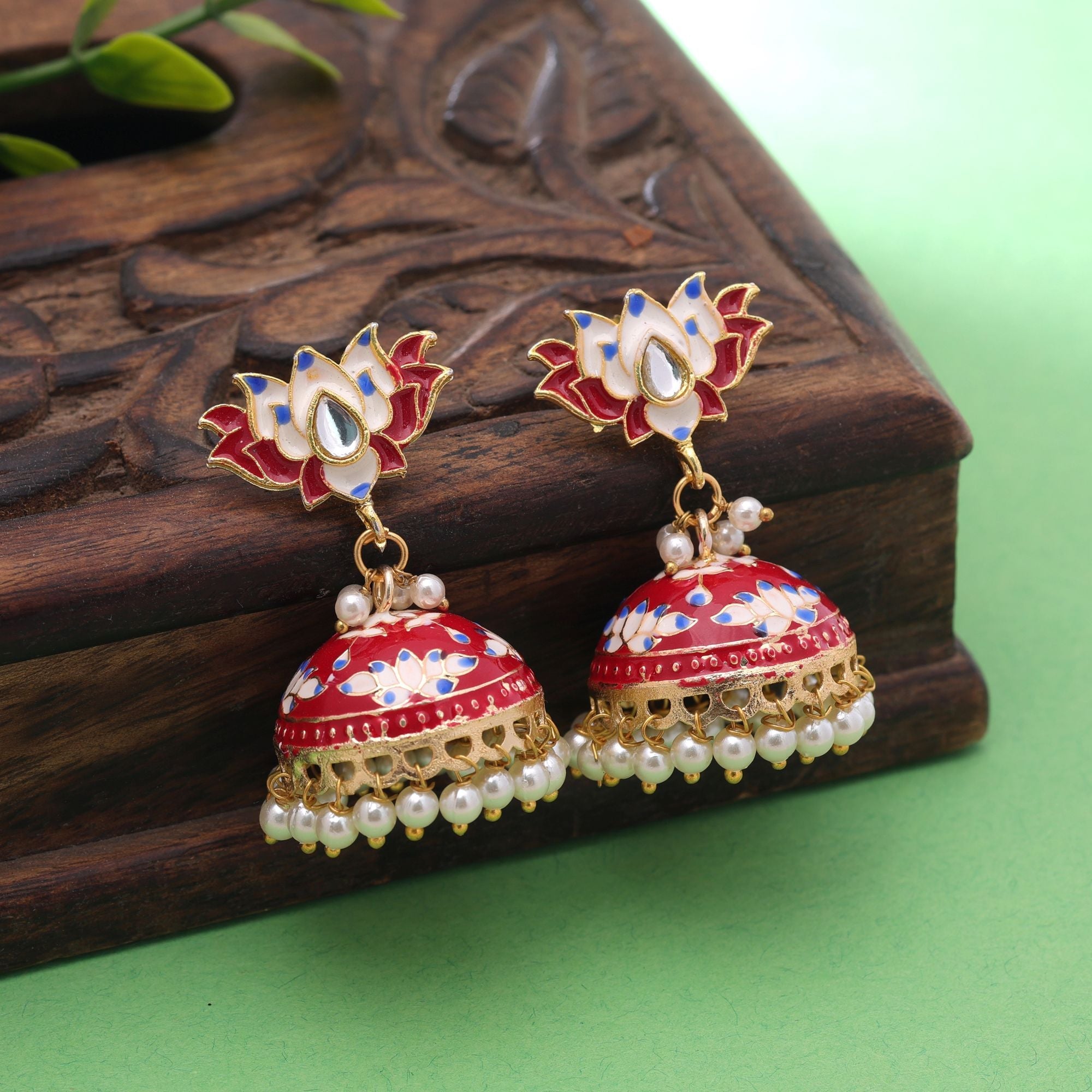 Red Color Meenakari Earrings Handmade Art Design
