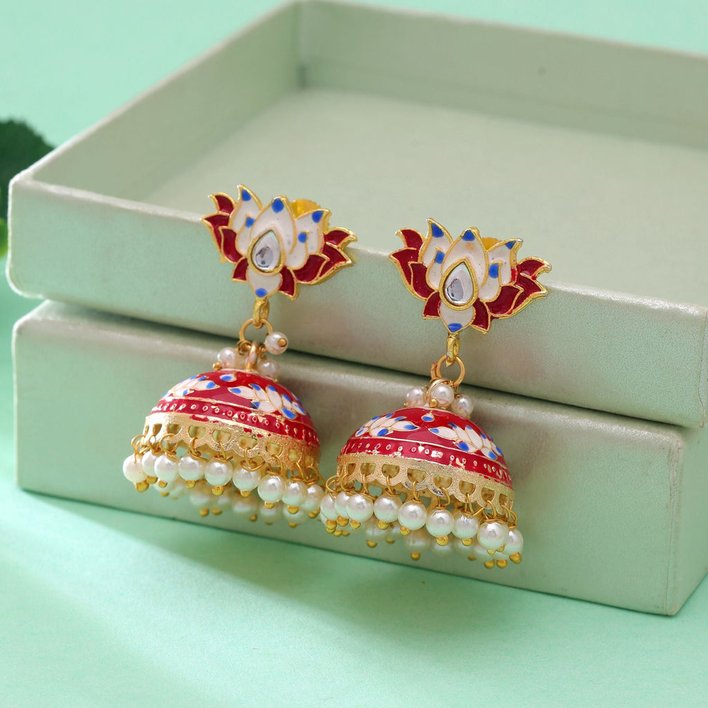 Red Color Meenakari Earrings Handmade Art Design