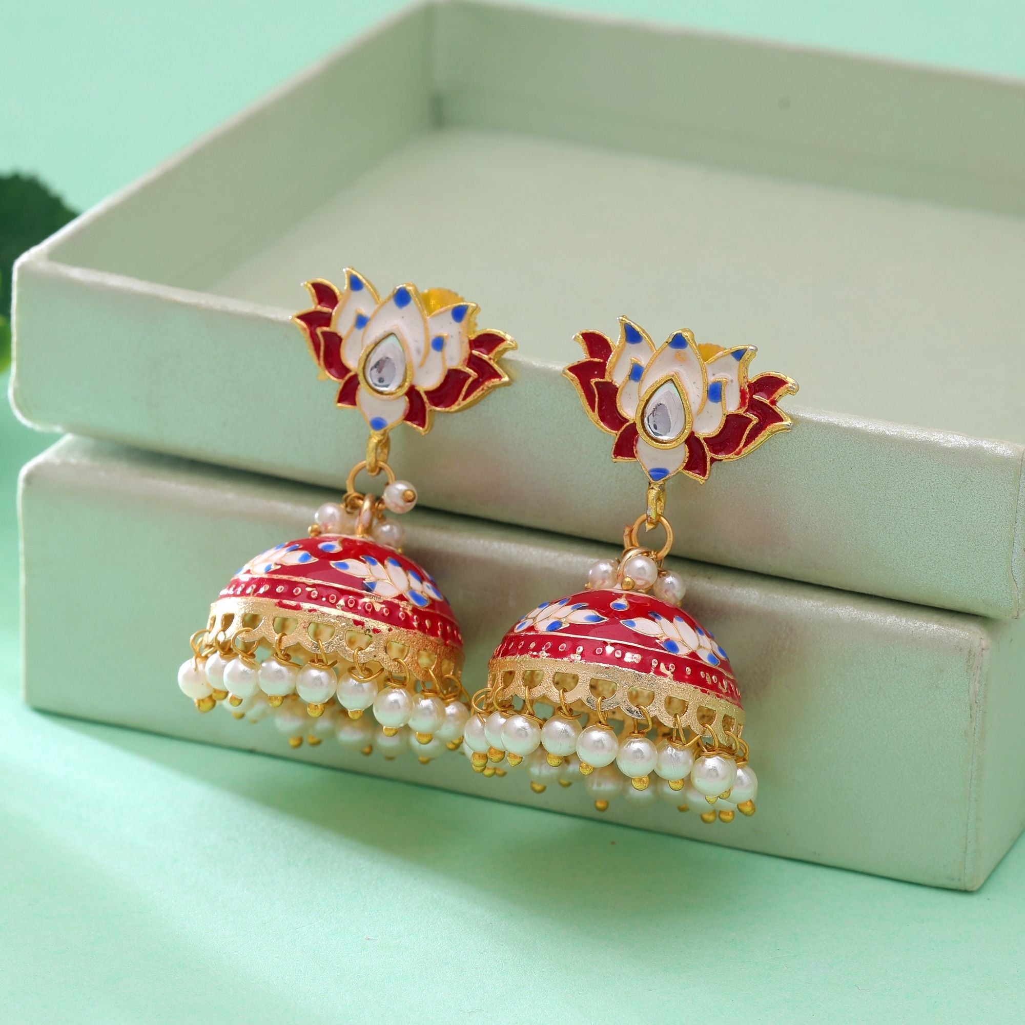 Red Color Meenakari Earrings Handmade Art Design
