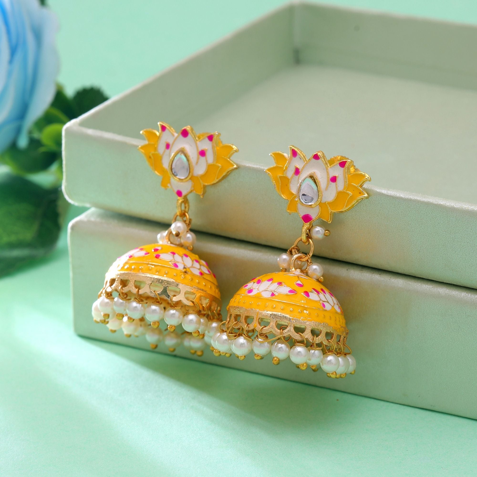 Yellow Color Meenakari Earrings Traditional Design