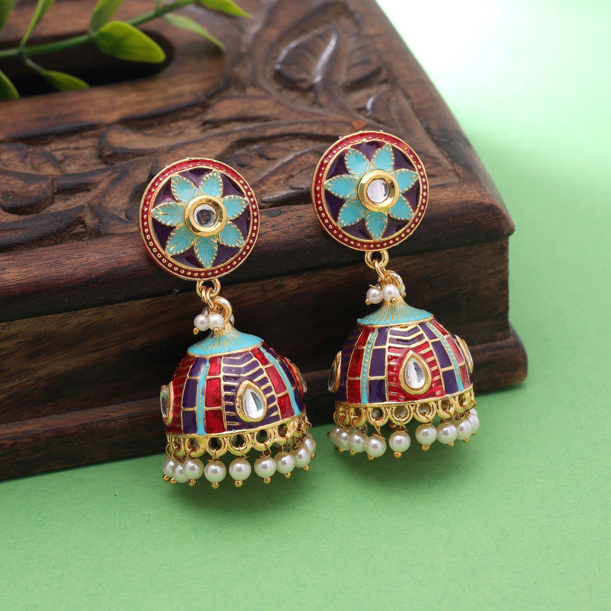 Firozi Color Meenakari Earrings Handmade Design