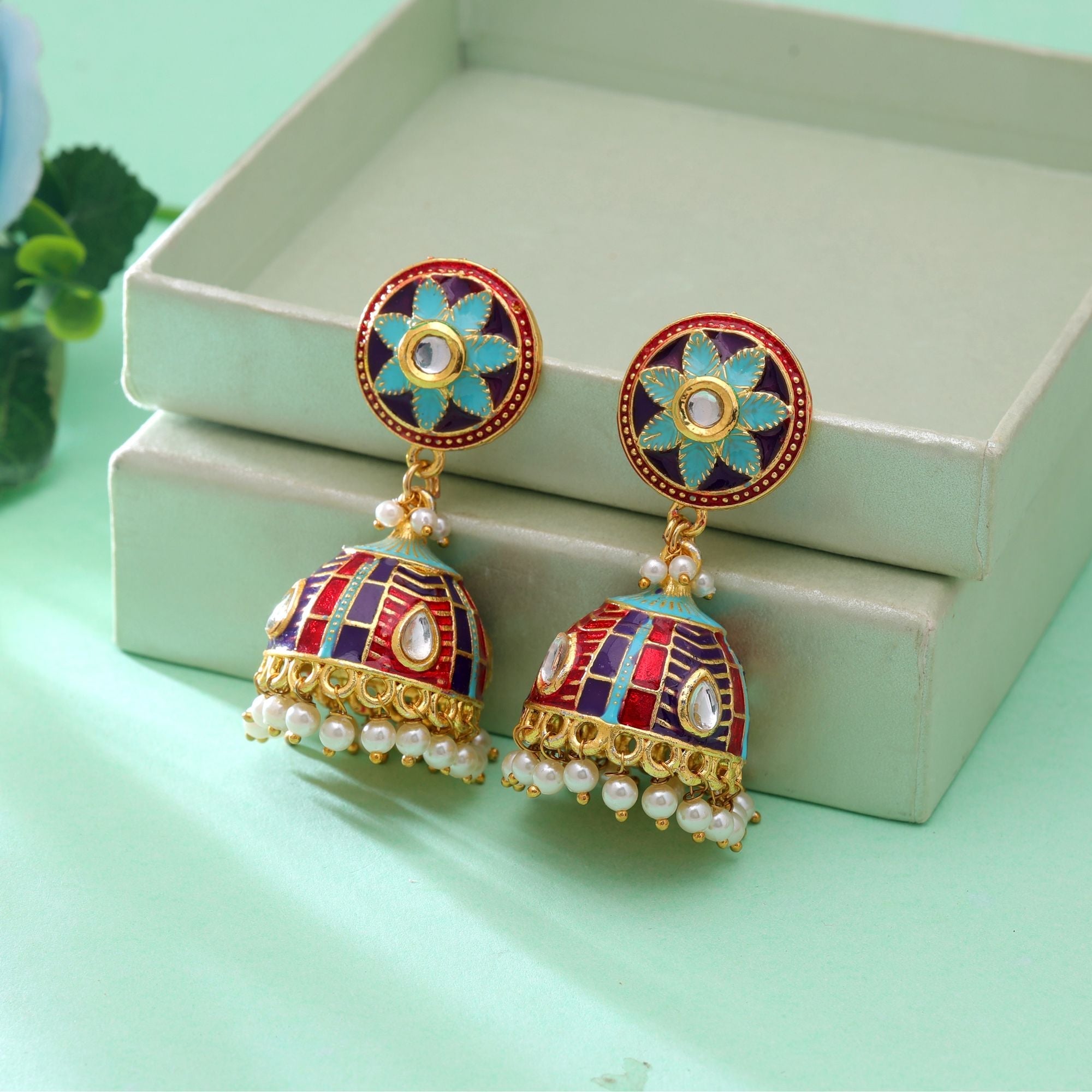 Firozi Color Meenakari Earrings Handmade Design