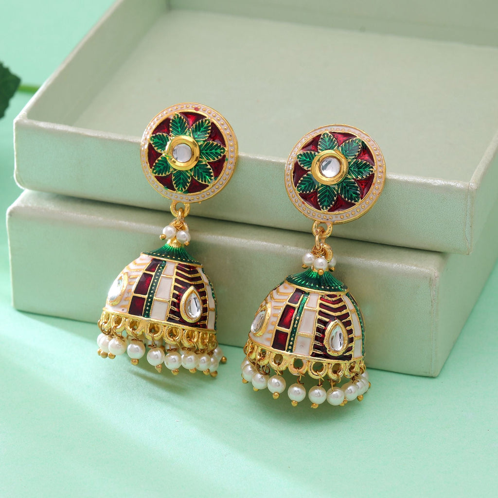 Maroon & Green Color Meenakari Earrings Ethnic Finish