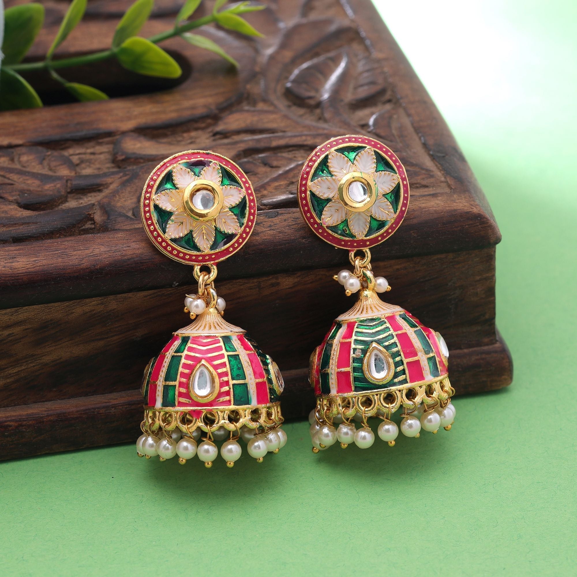 Rani & Green Color Meenakari Earrings Royal Design