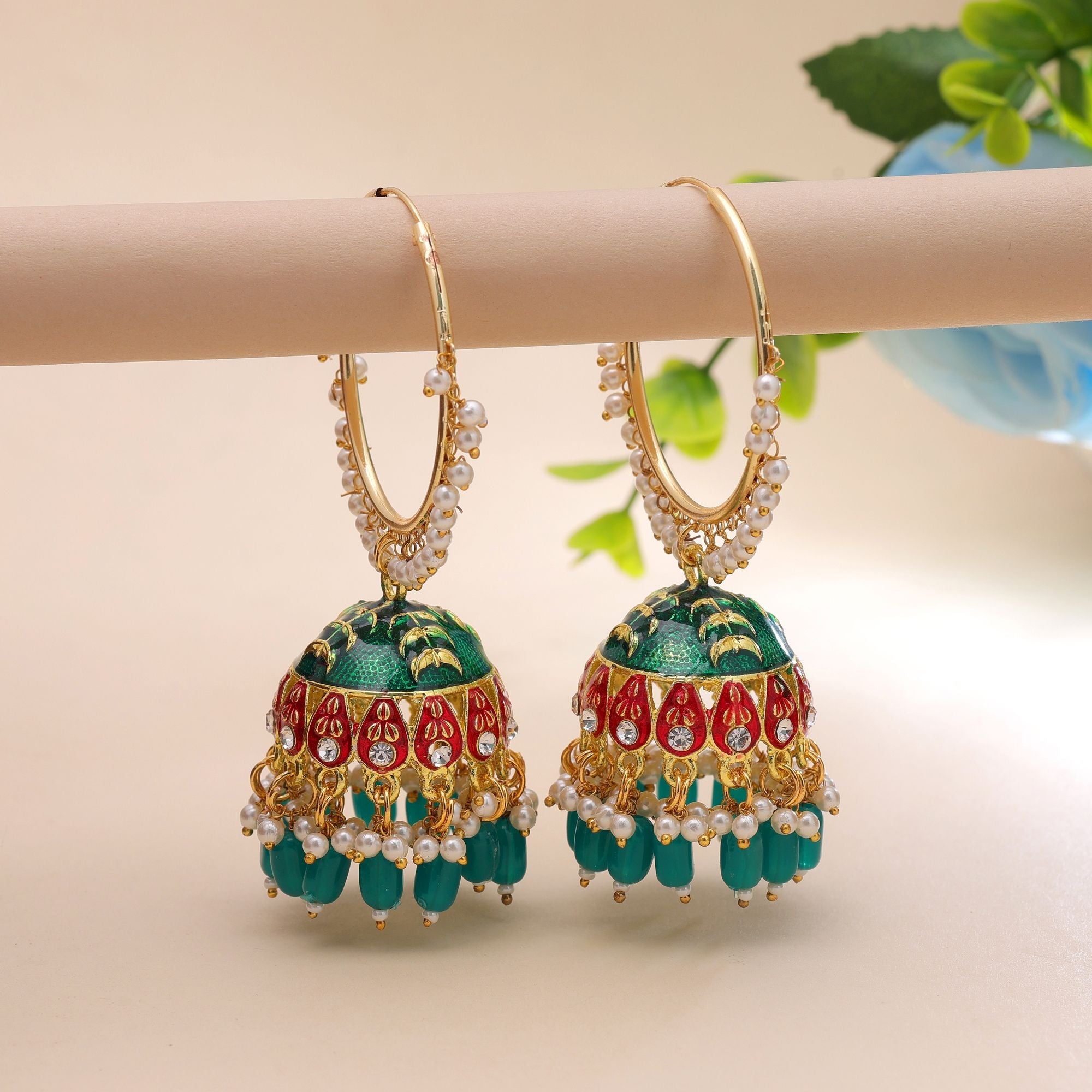 Green Color Meenakari Earrings Ethnic Pattern