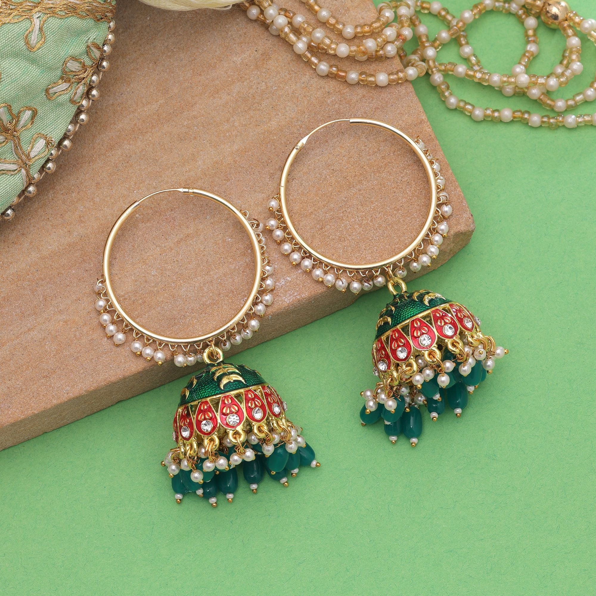 Green Color Meenakari Earrings Ethnic Pattern