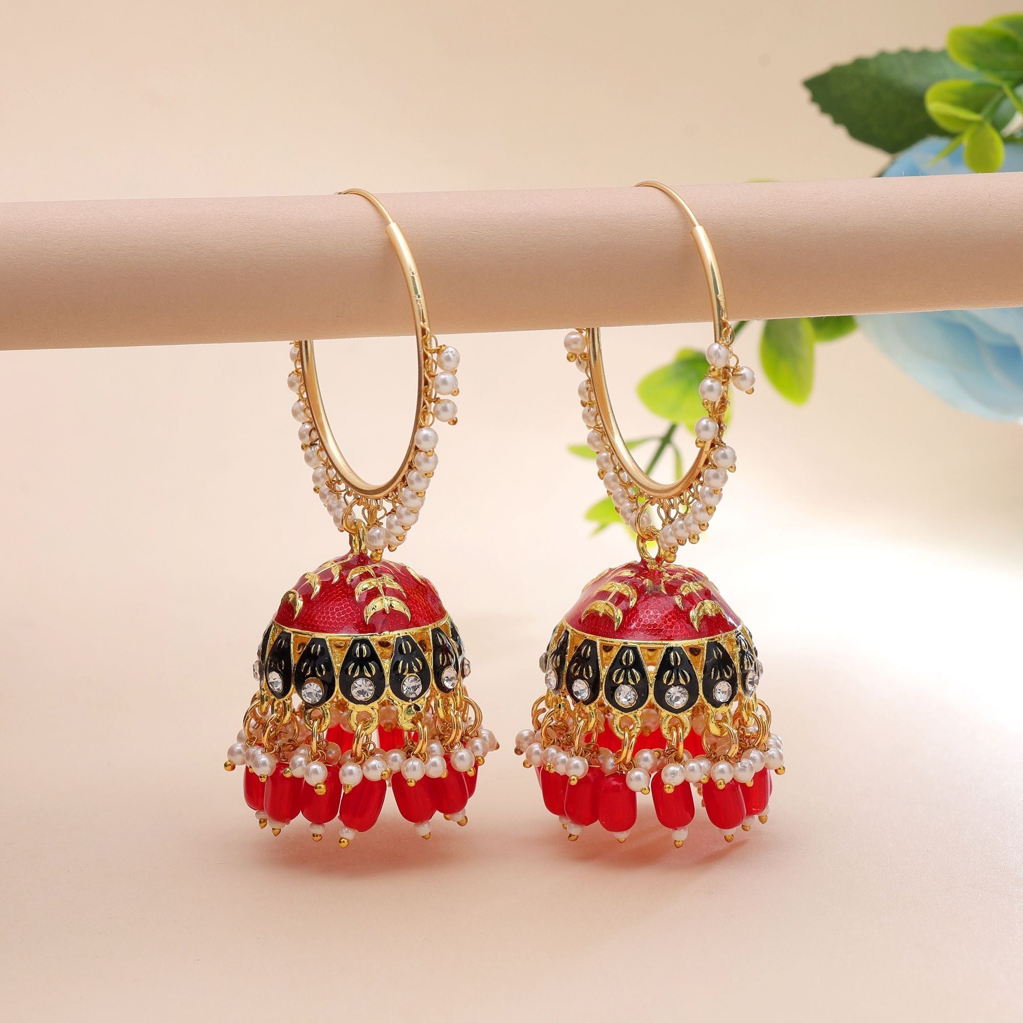 Red Color Meenakari Earrings Traditional Design