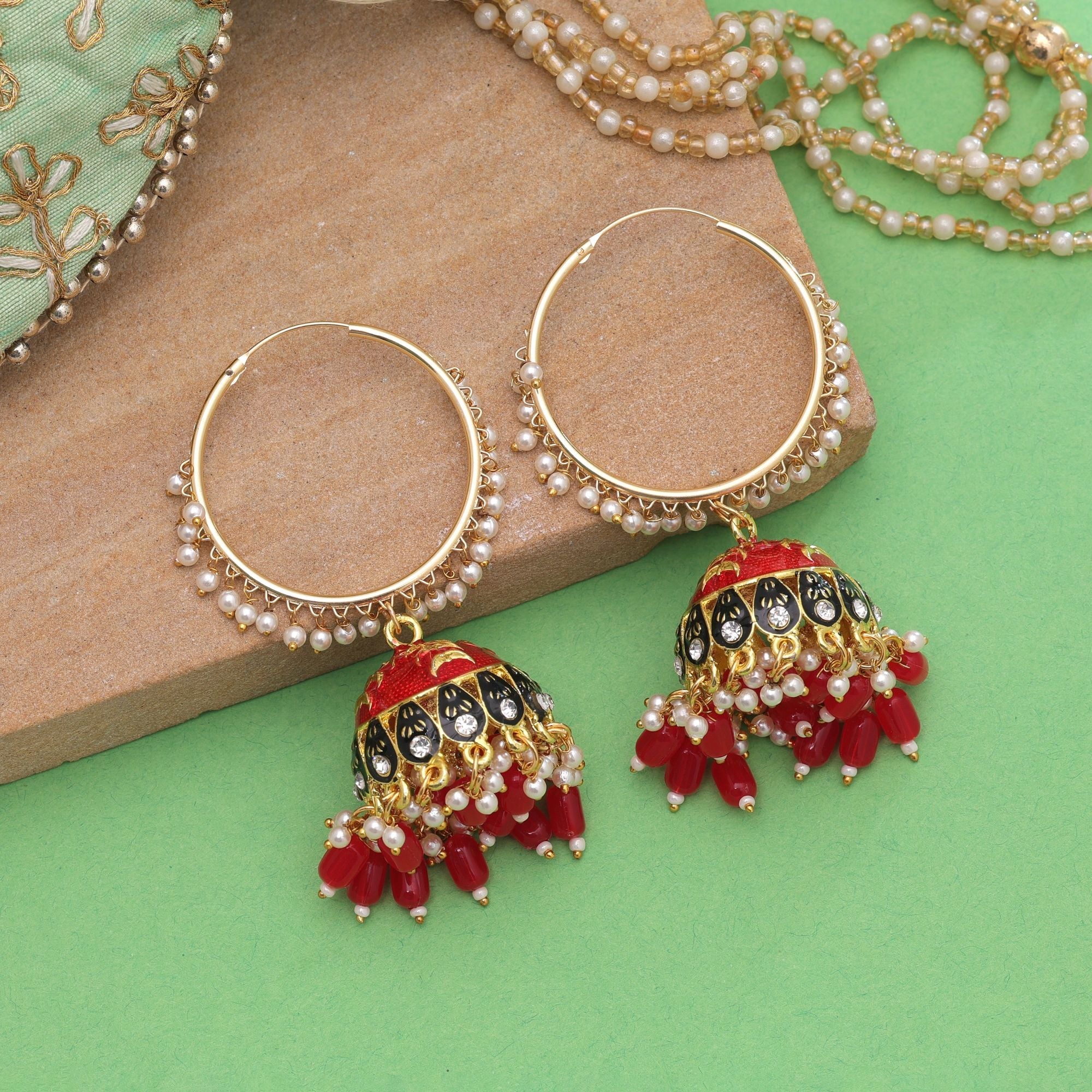 Red Color Meenakari Earrings Traditional Design