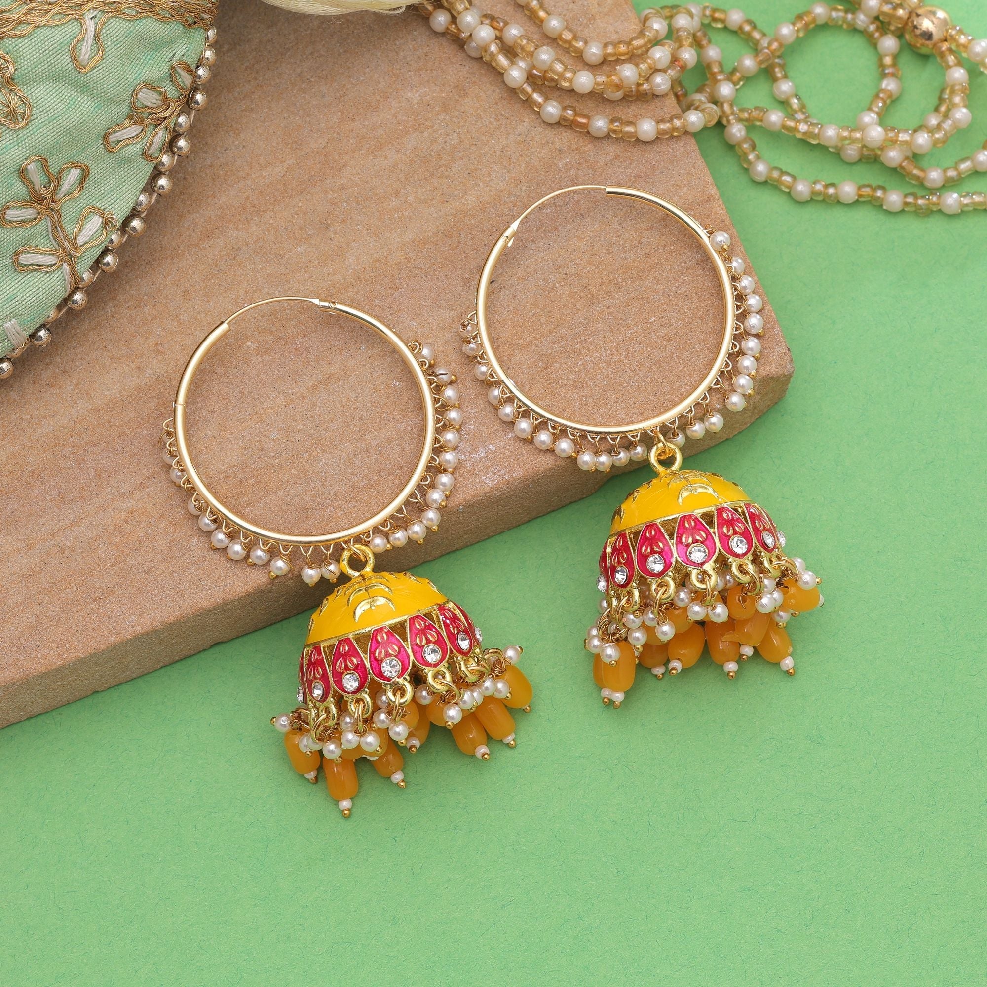 Yellow Color Meenakari Earrings Traditional Style