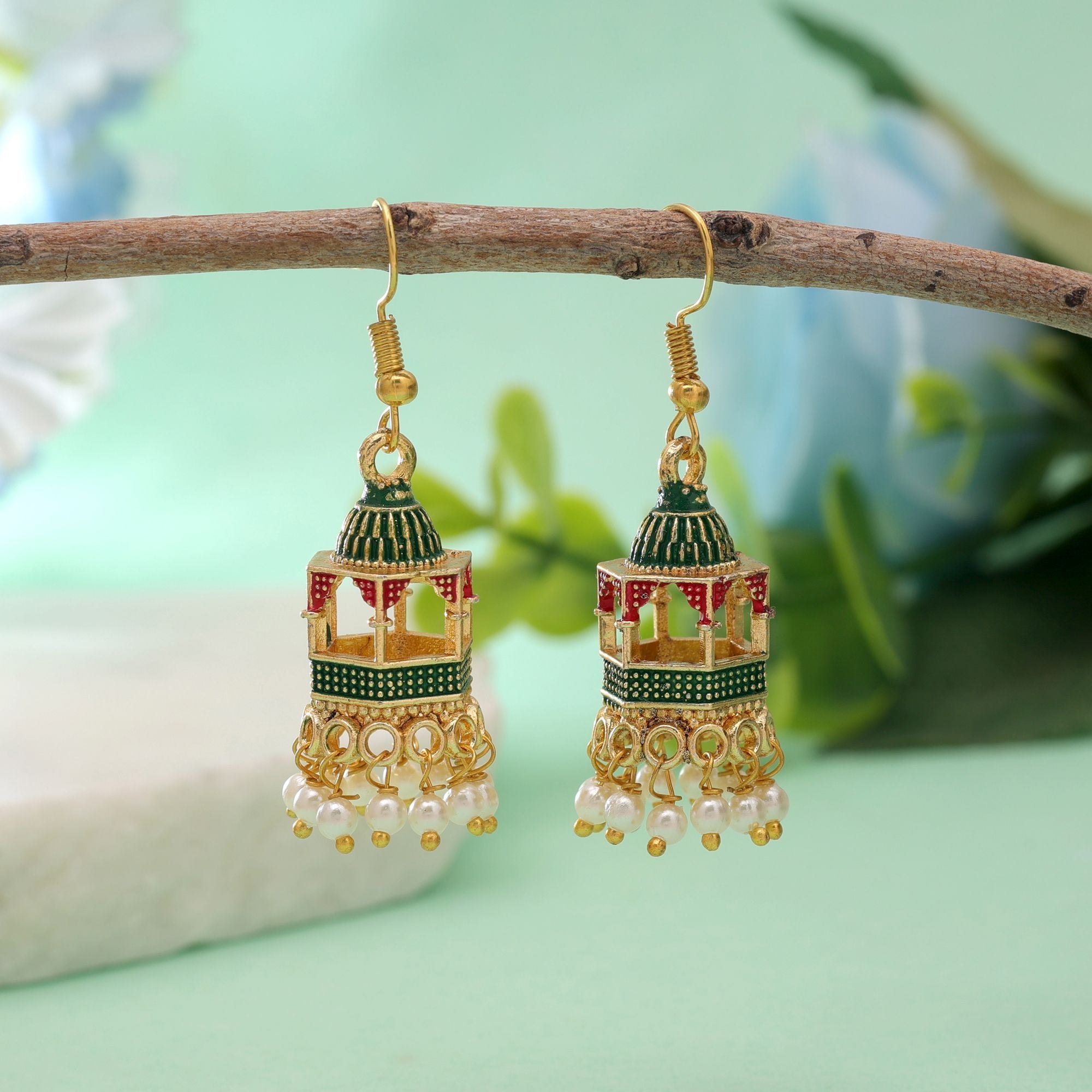 Green Color Palki Meenakari Earrings Traditional Design