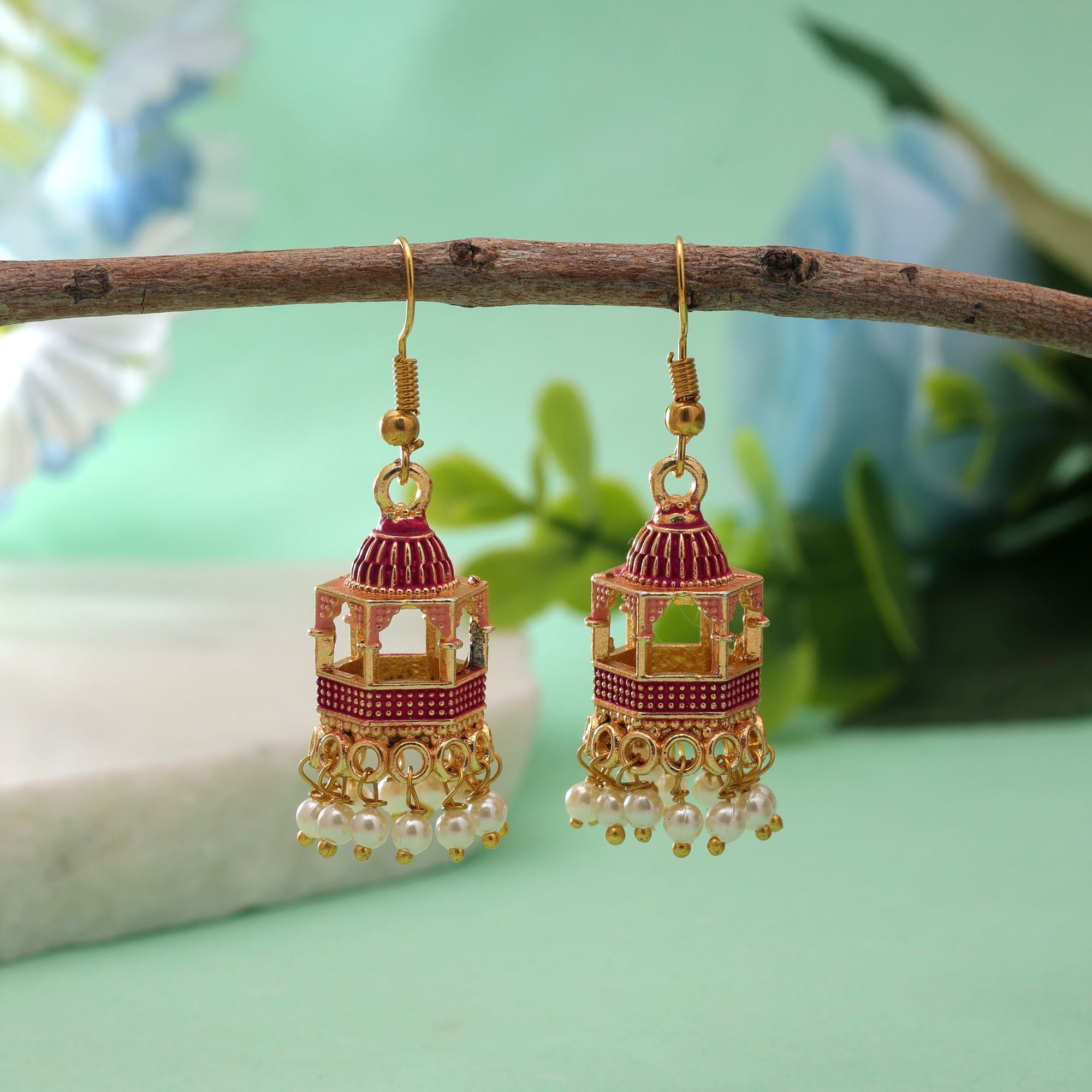 Red Color Palki Meenakari Earrings Classic Style