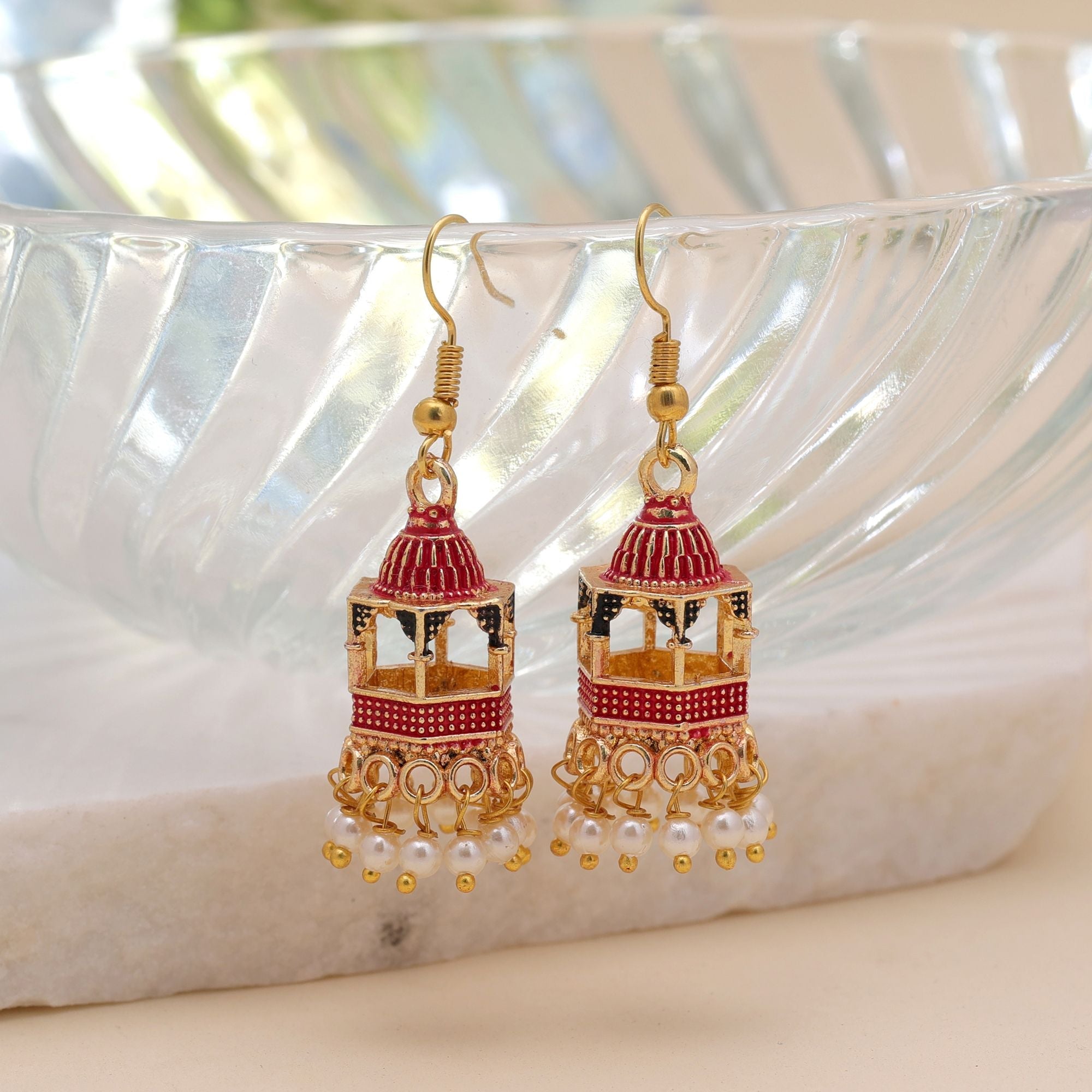 Red Color Palki Meenakari Earrings Classic Style