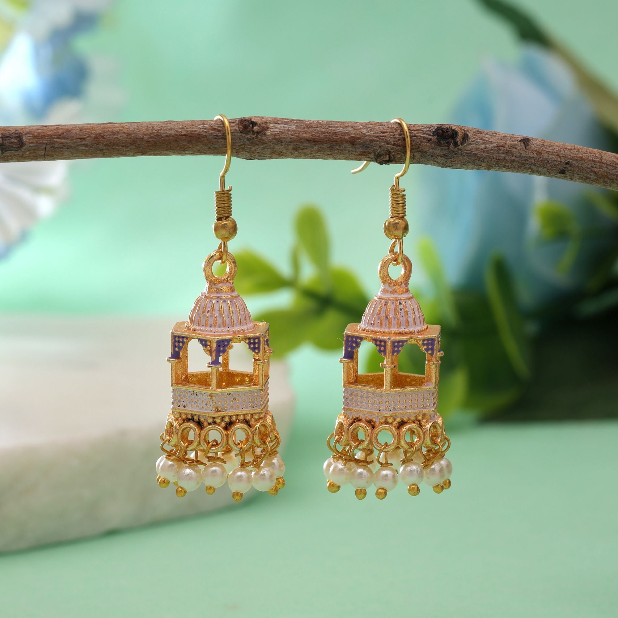 White Color Palki Meenakari Earrings Traditional Style
