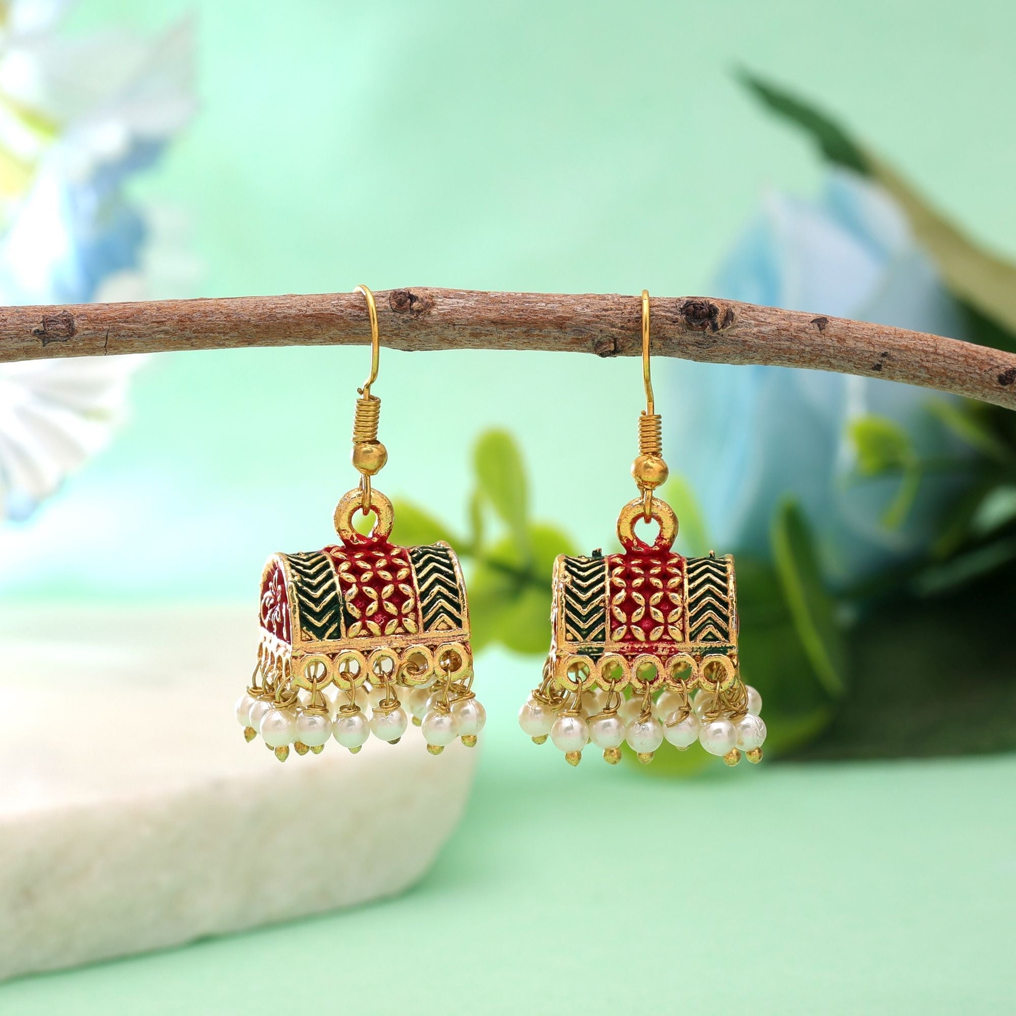 Maroon & Green Color Palki Mint Meena Earrings Traditional