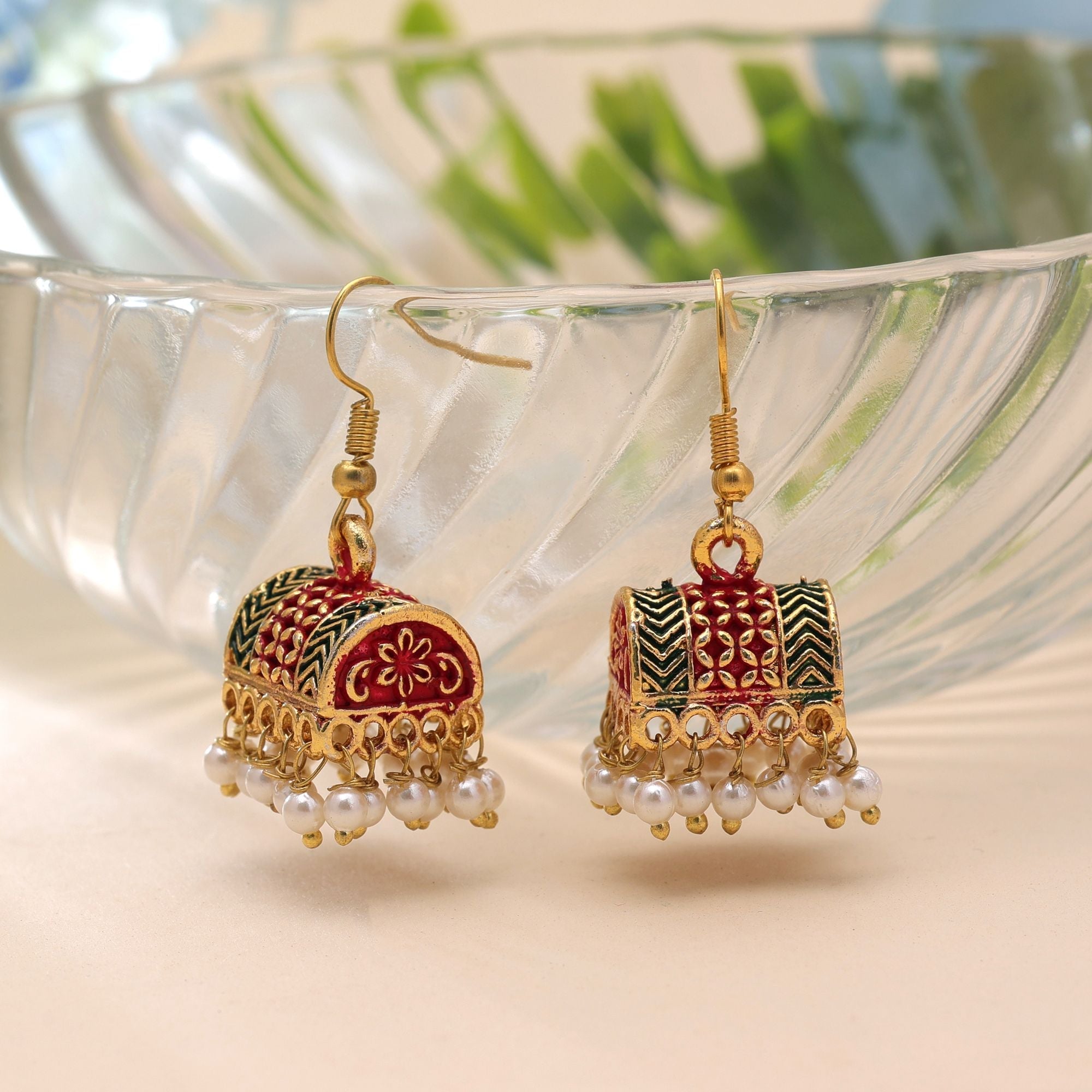 Maroon & Green Color Palki Mint Meena Earrings Traditional