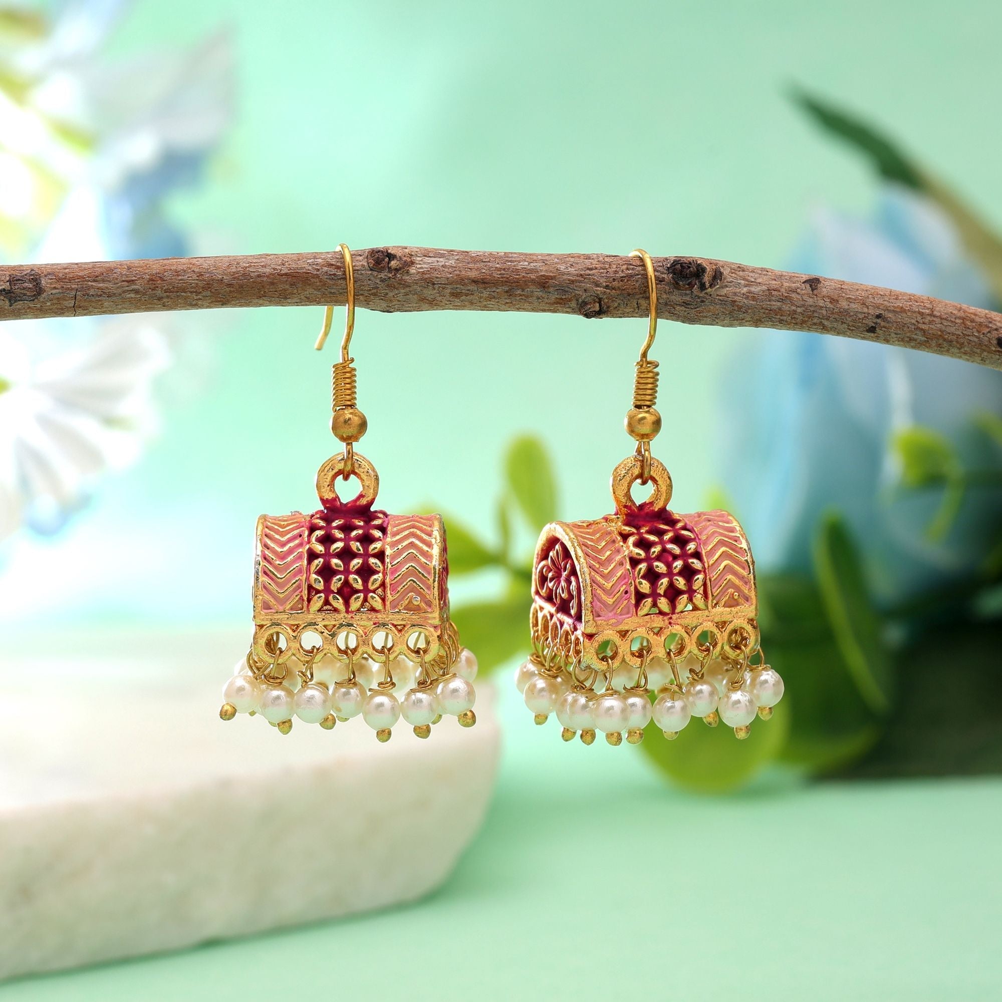 Magenta Color Palki Mint Meena Earrings Festive Look