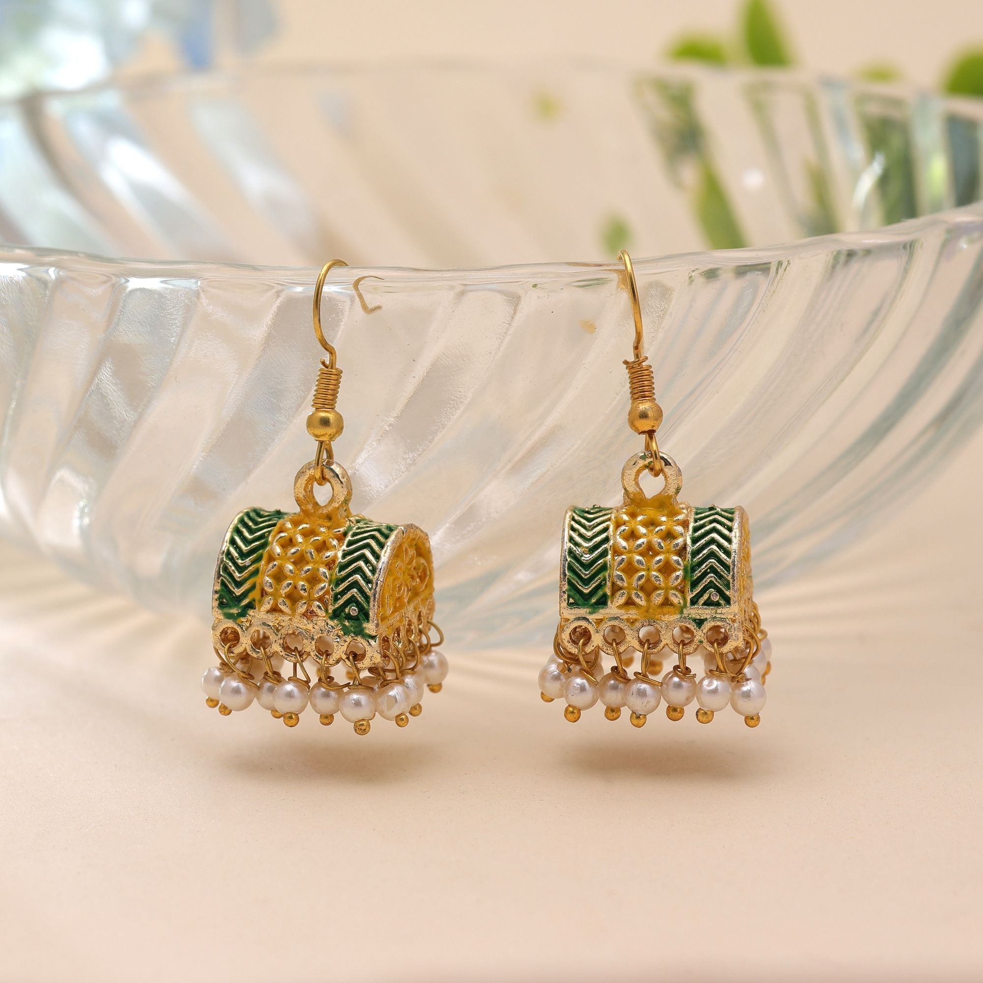 Yellow Color Palki Mint Meena Earrings Festive Look