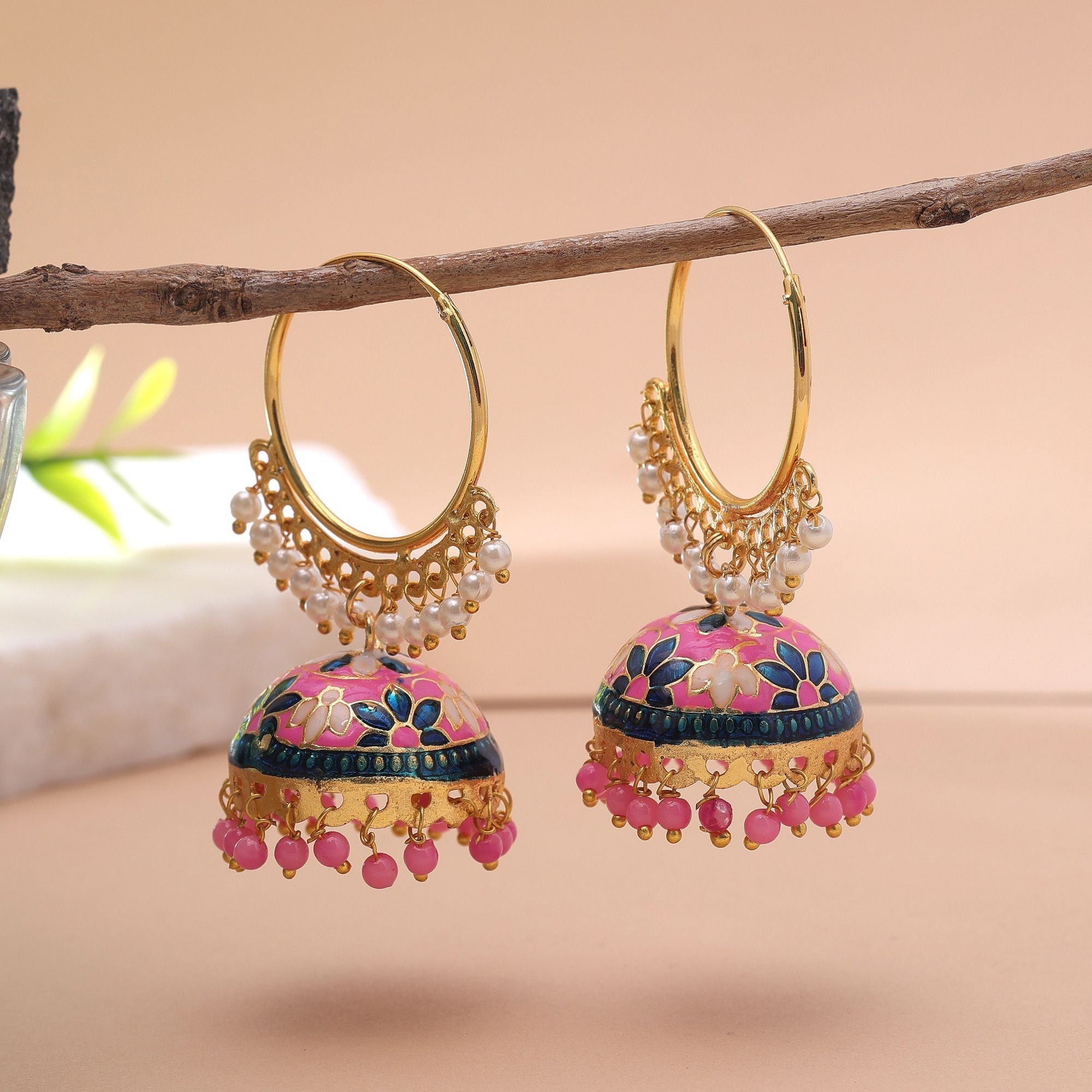 Pink Color Meenakari Earrings Festive Design