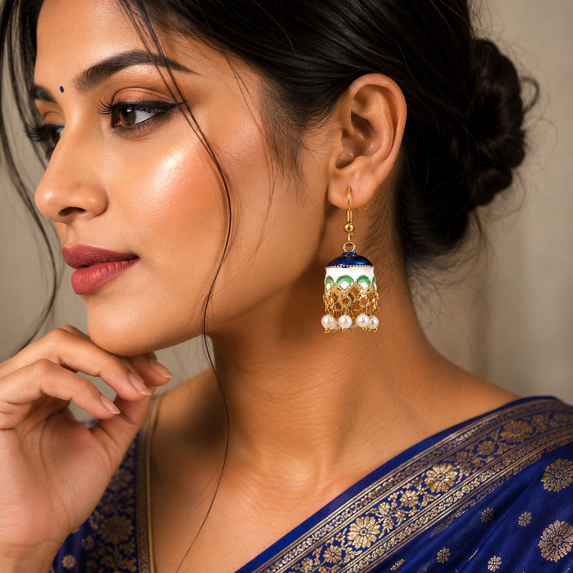 Navy Blue Color Meenakari Earrings Traditional Design