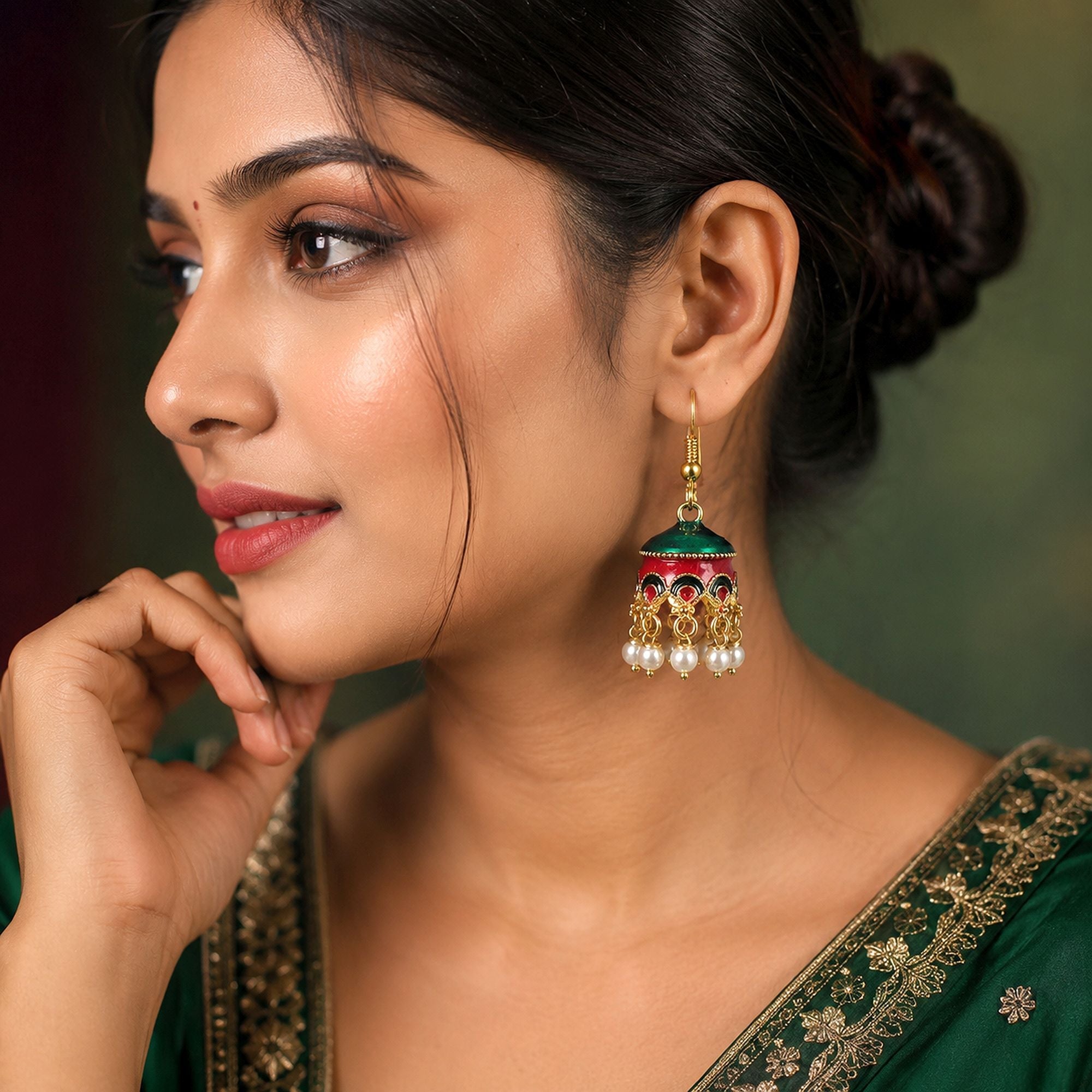 Red & Green Color Meenakari Earrings Ethnic Finish