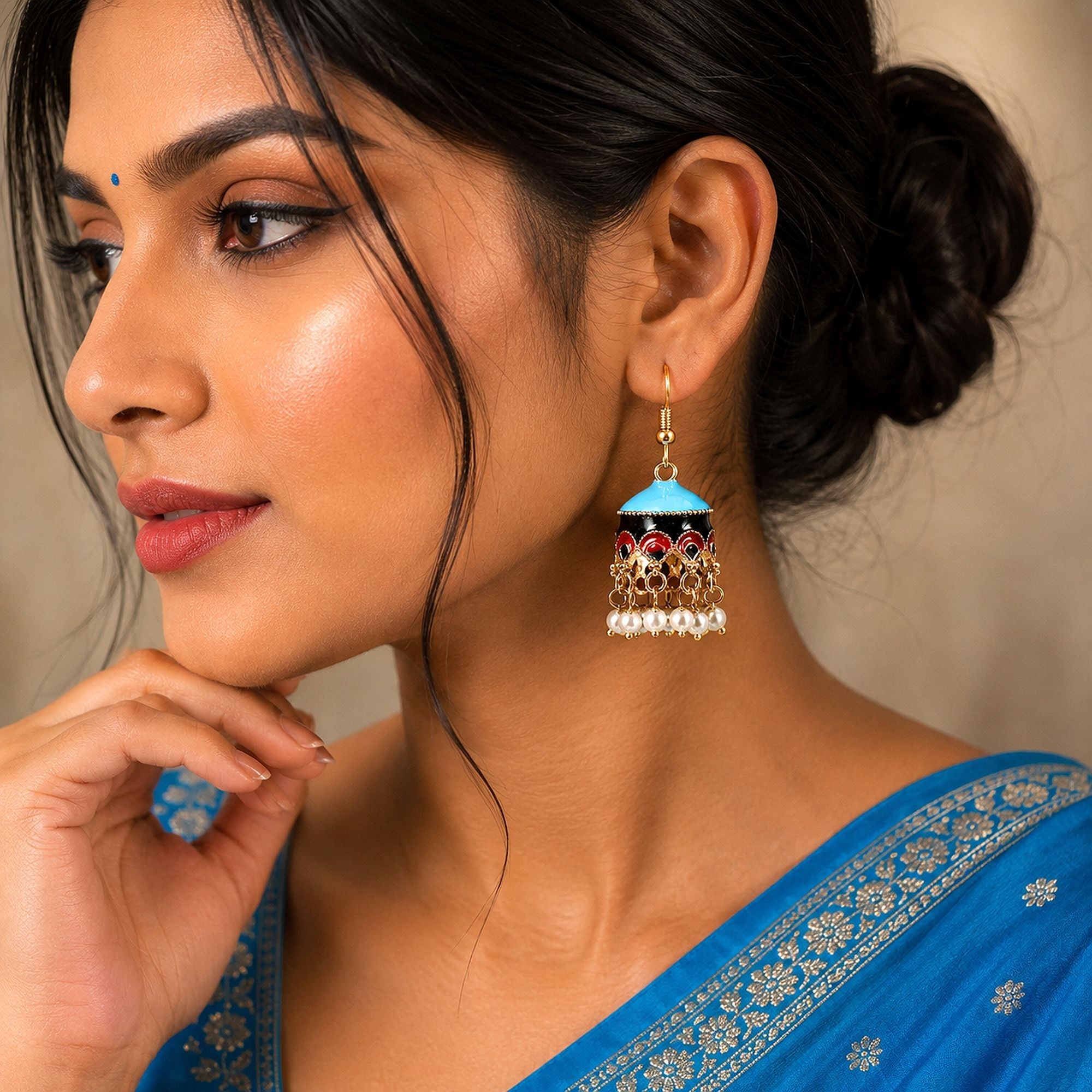 Sky Blue Color Meenakari Earrings Traditional Look