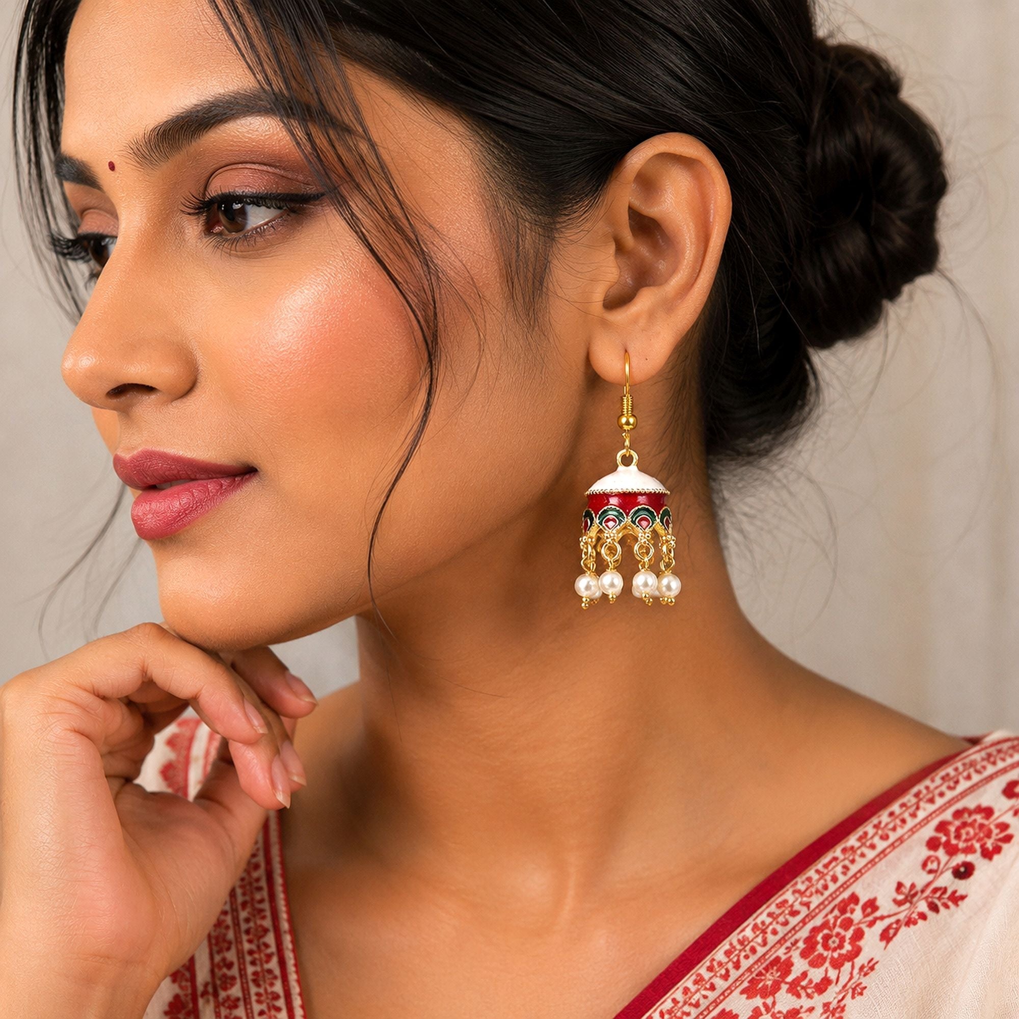 White Color Meenakari Earrings Elegant Ethnic Design