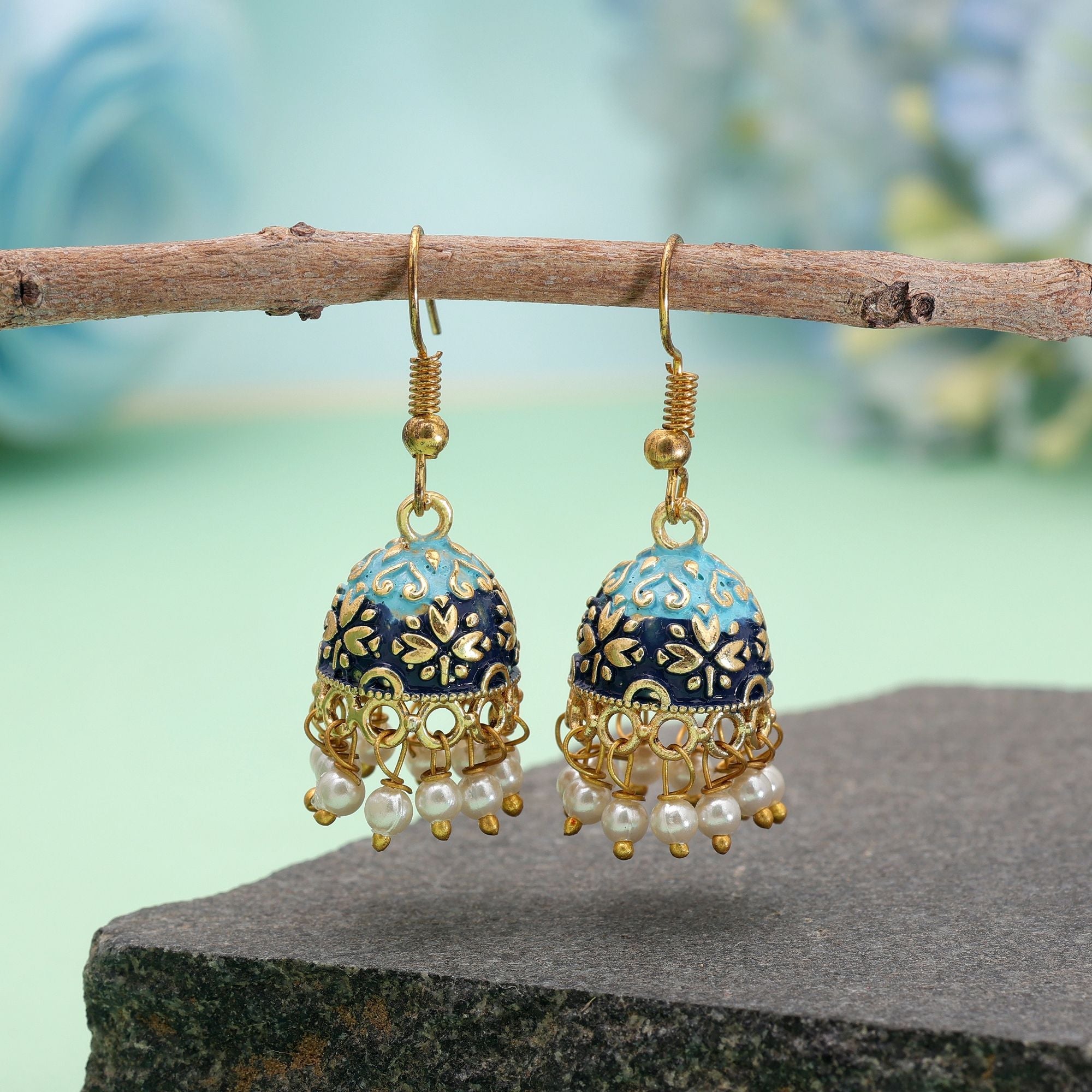 Blue Color Mint Meena Earrings Handmade Finish