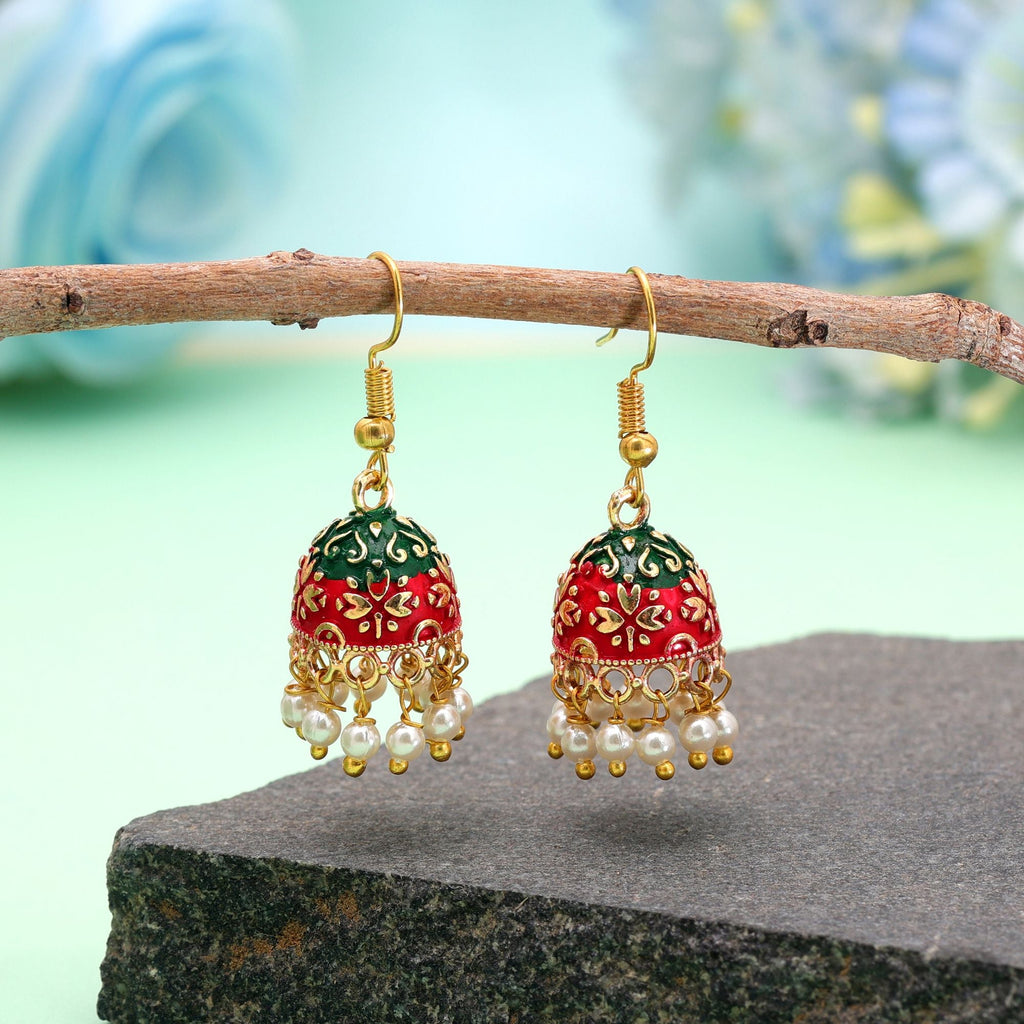 Maroon & Green Color Mint Meena Earrings Handmade
