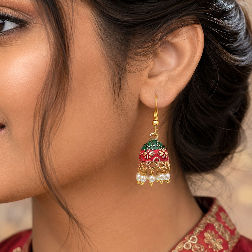 Maroon & Green Color Mint Meena Earrings Handmade