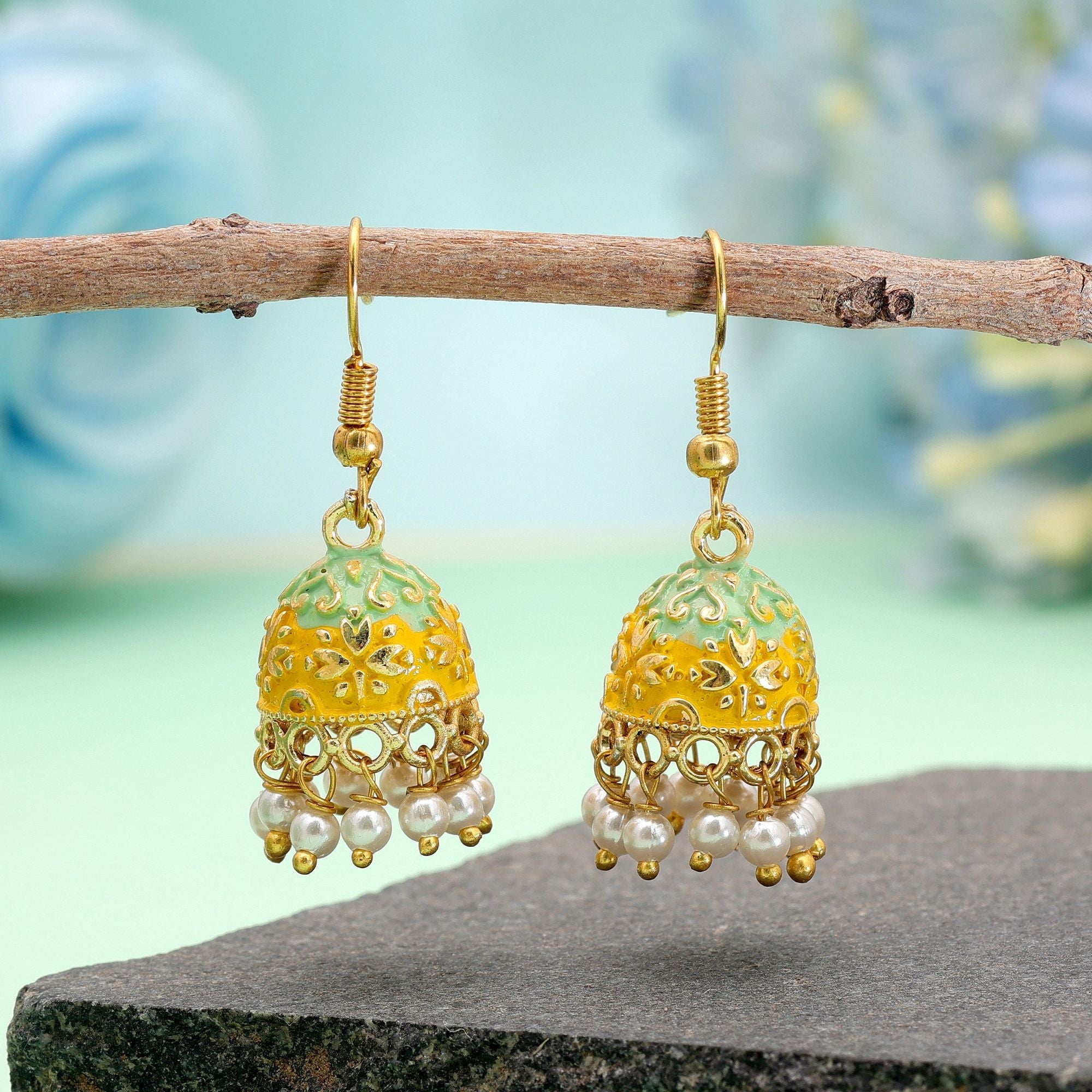 Yellow Color Mint Meena Earrings Ethnic Pattern