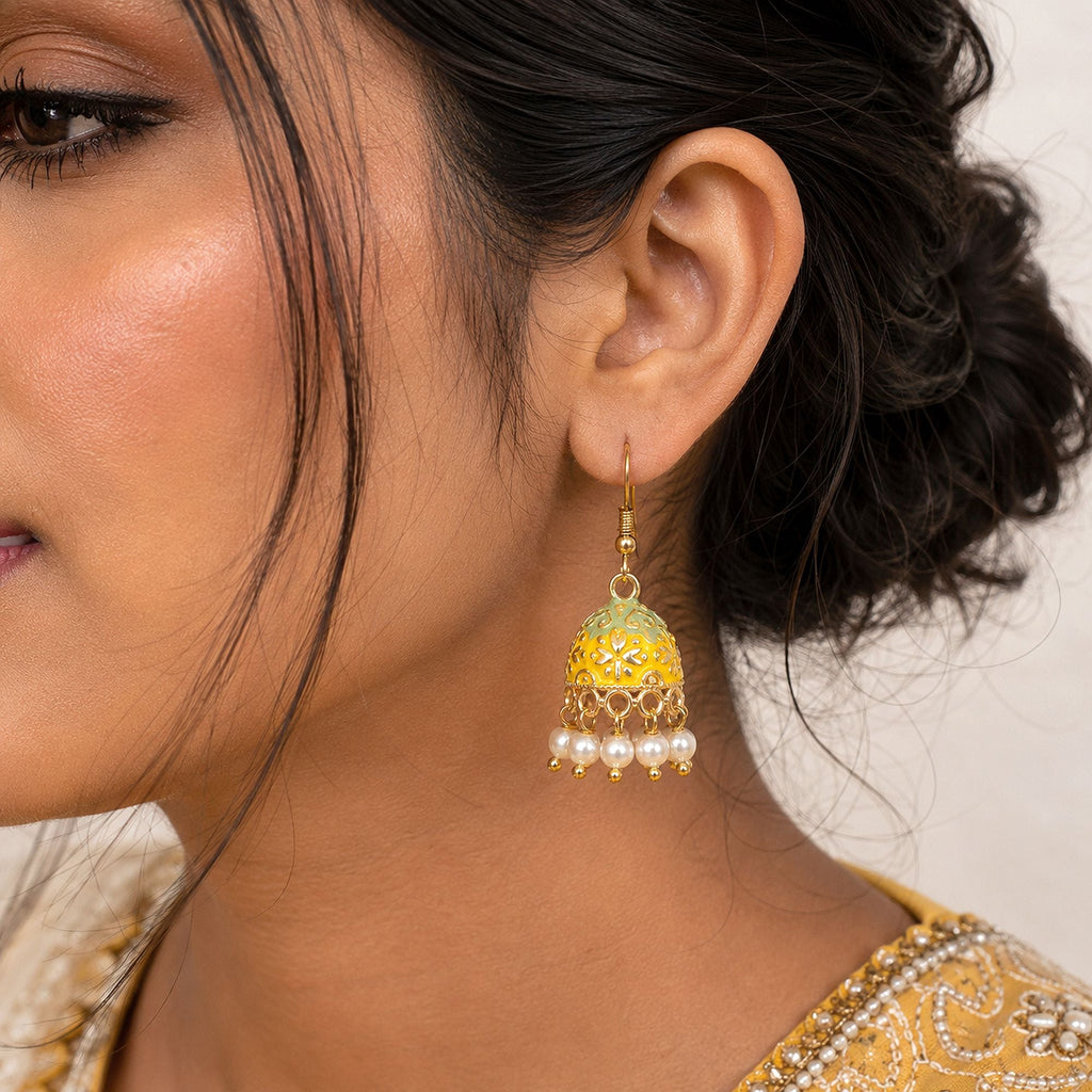 Yellow Color Mint Meena Earrings Ethnic Pattern