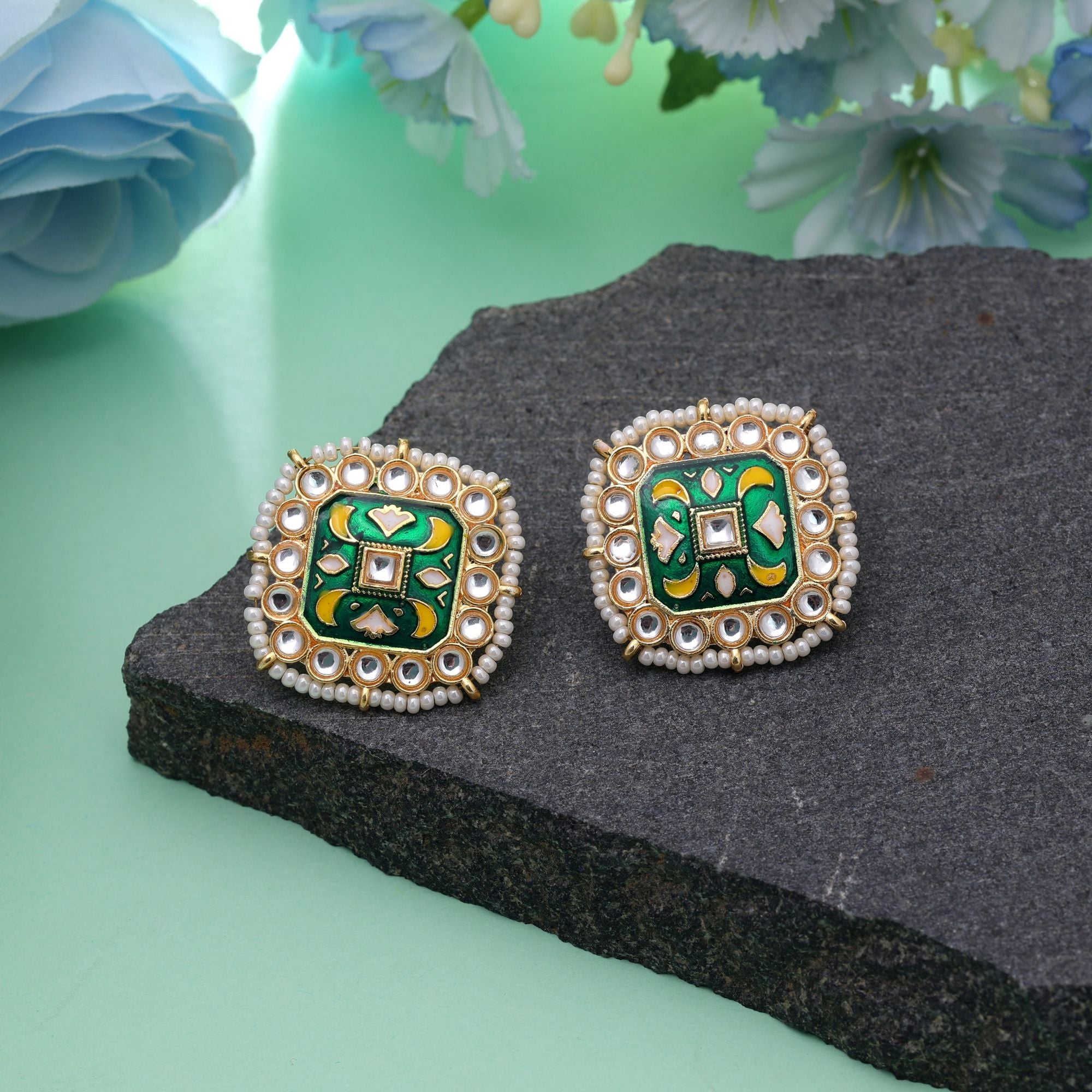 Green Color Meenakari Earrings Handmade Finish