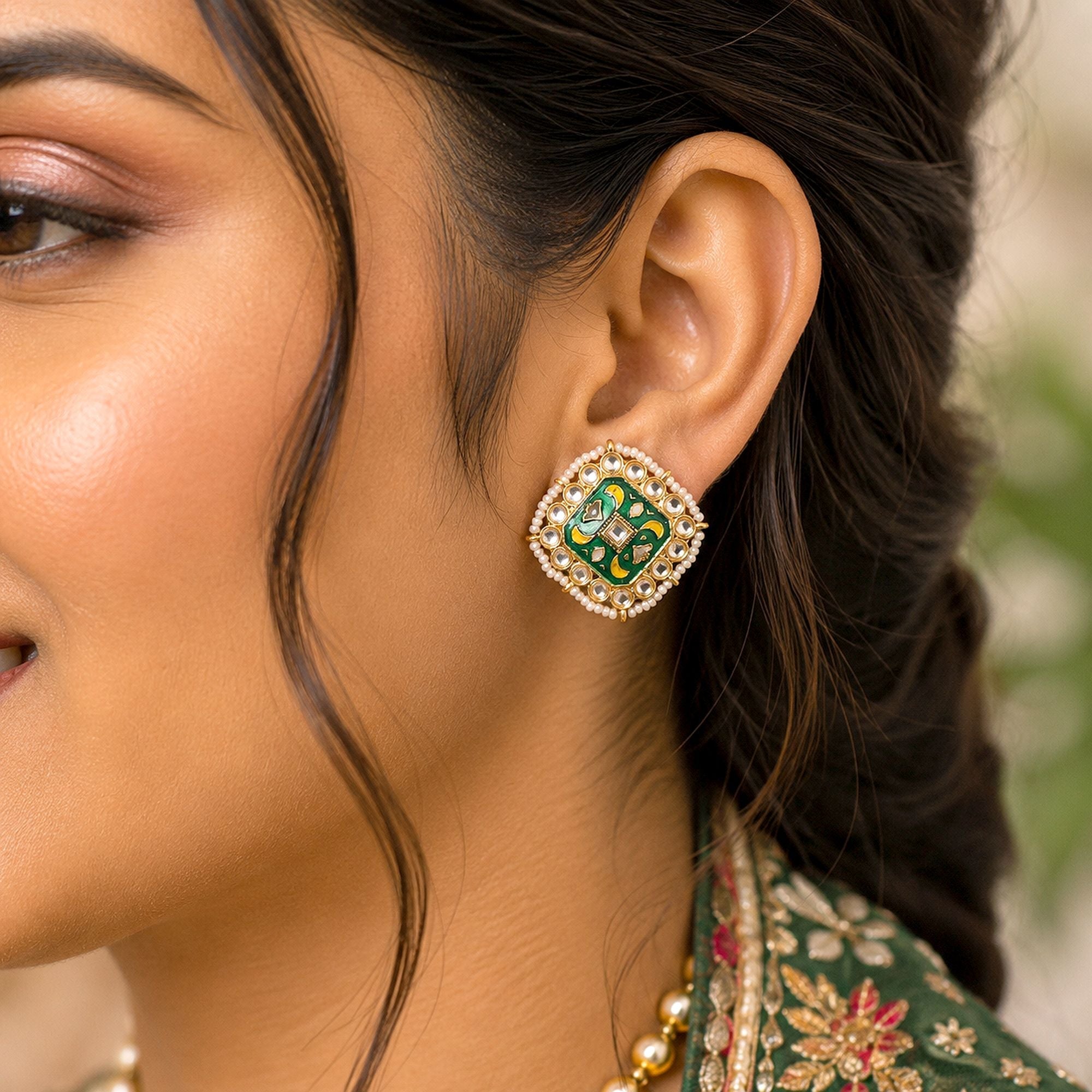 Green Color Meenakari Earrings Handmade Finish