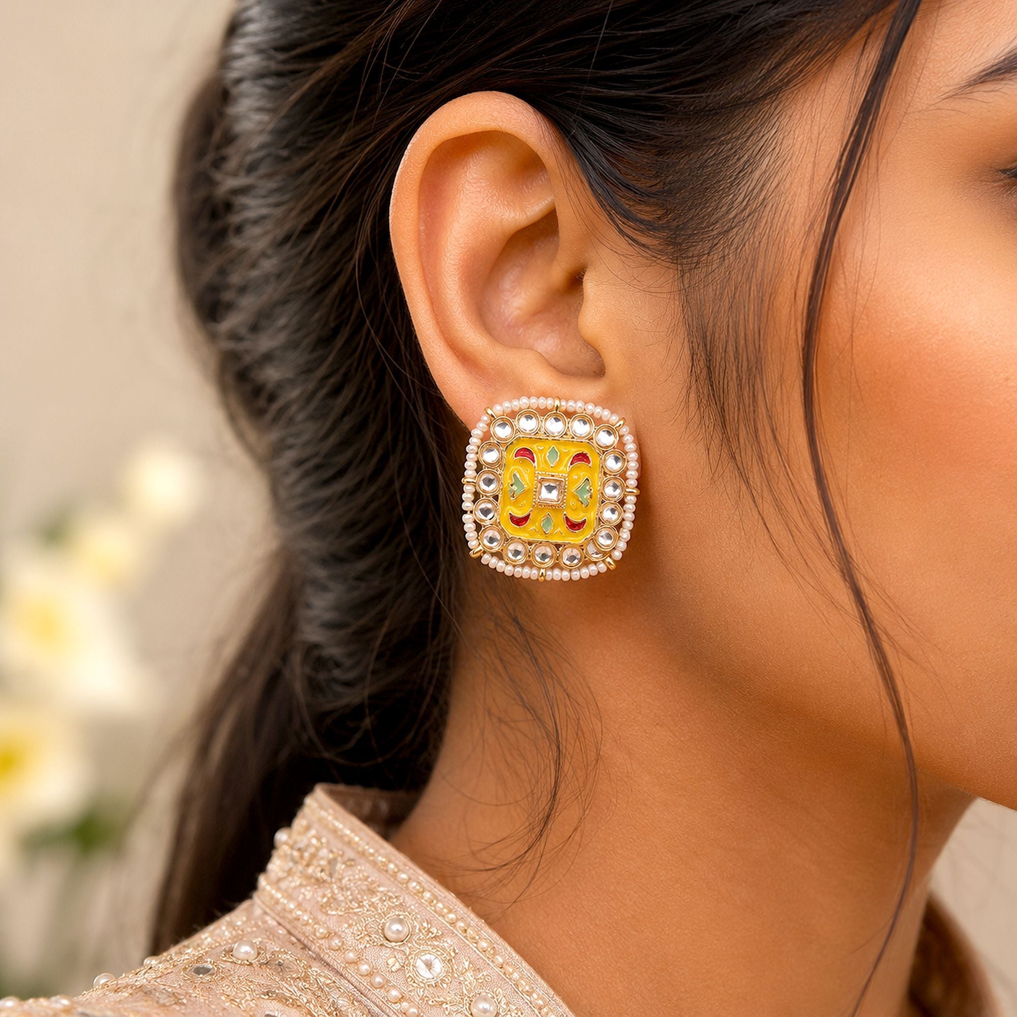 Yellow Color Meenakari Earrings Ethnic Handmade Style