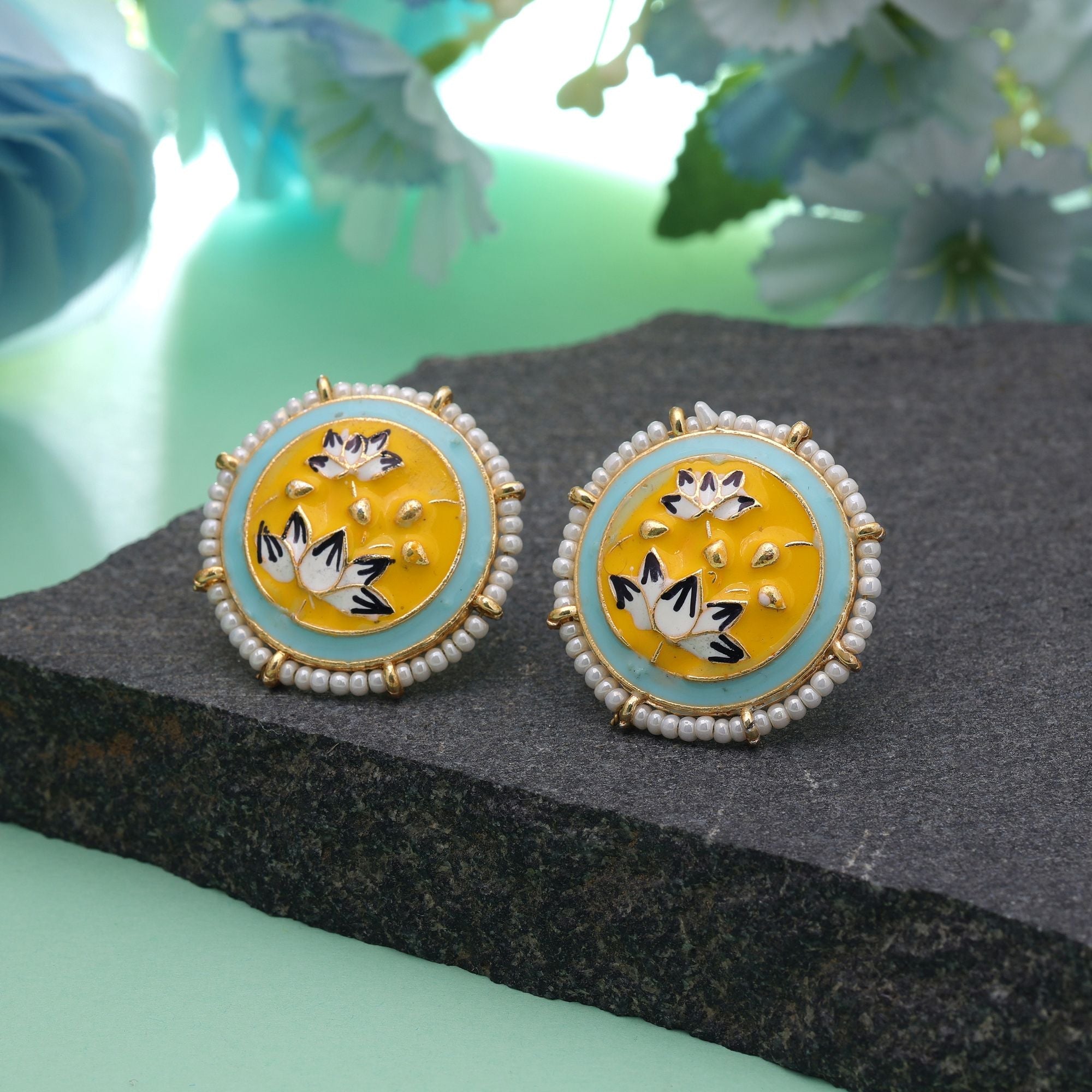 Yellow Color Meenakari Earrings Festive Wear Appeal