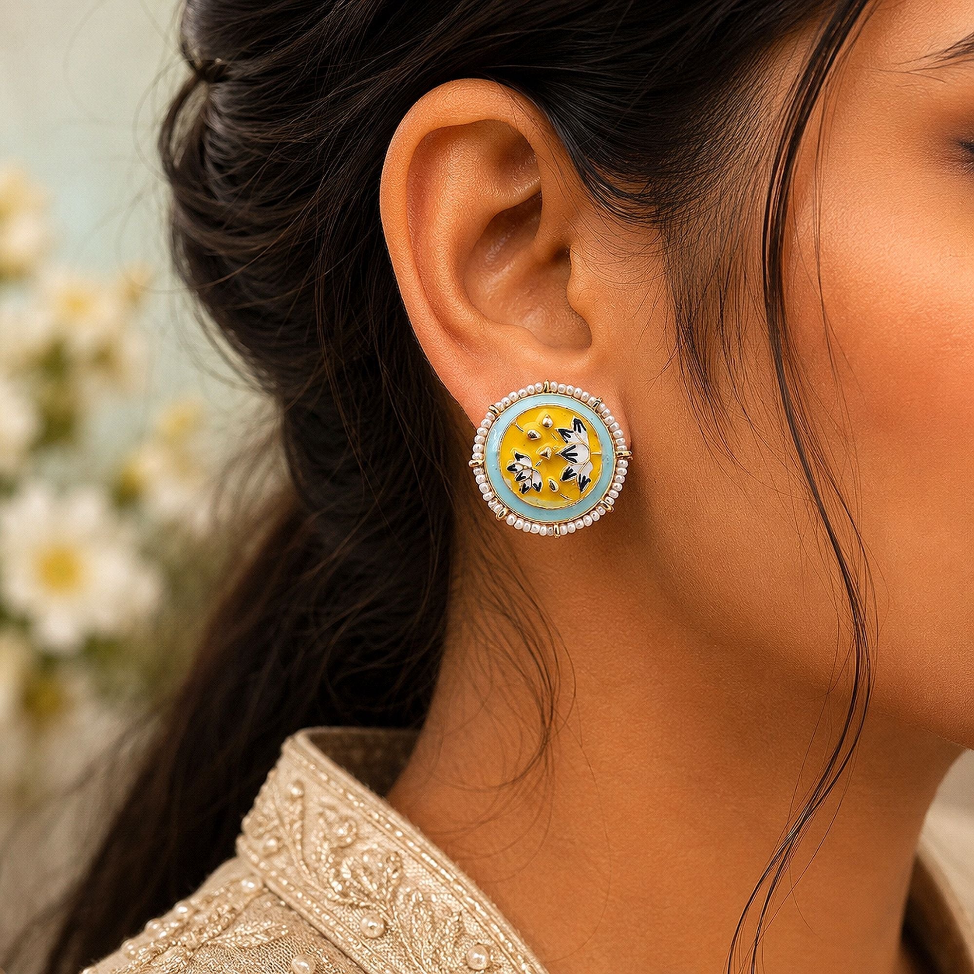 Yellow Color Meenakari Earrings Festive Wear Appeal