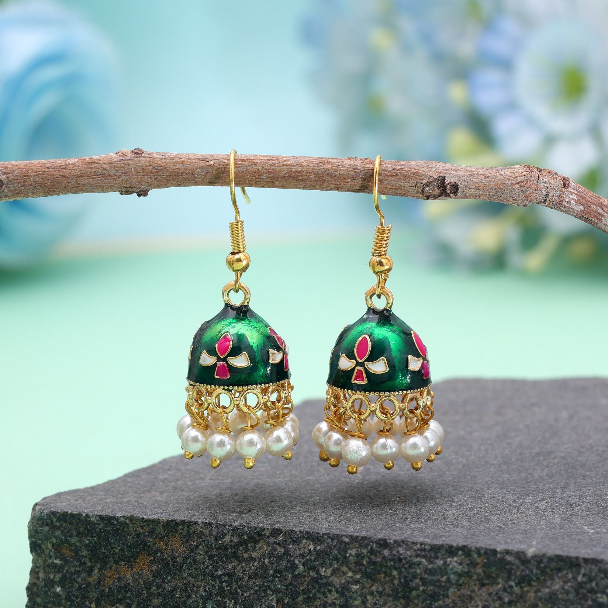 Green Color Meenakari Earrings Traditional Handmade