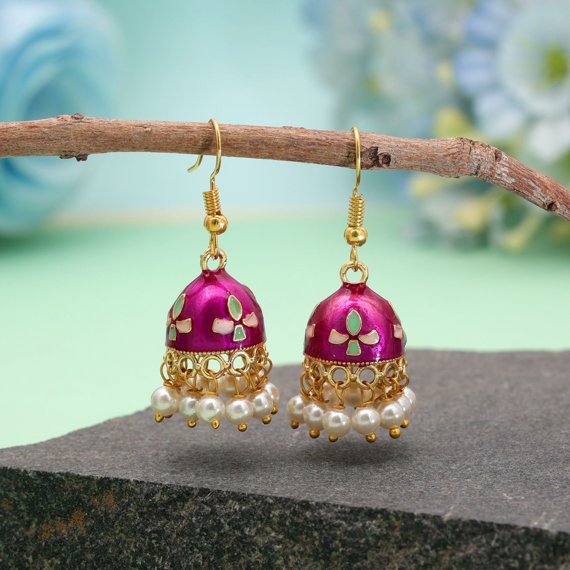 Magenta Color Meenakari Earrings Traditional Finish