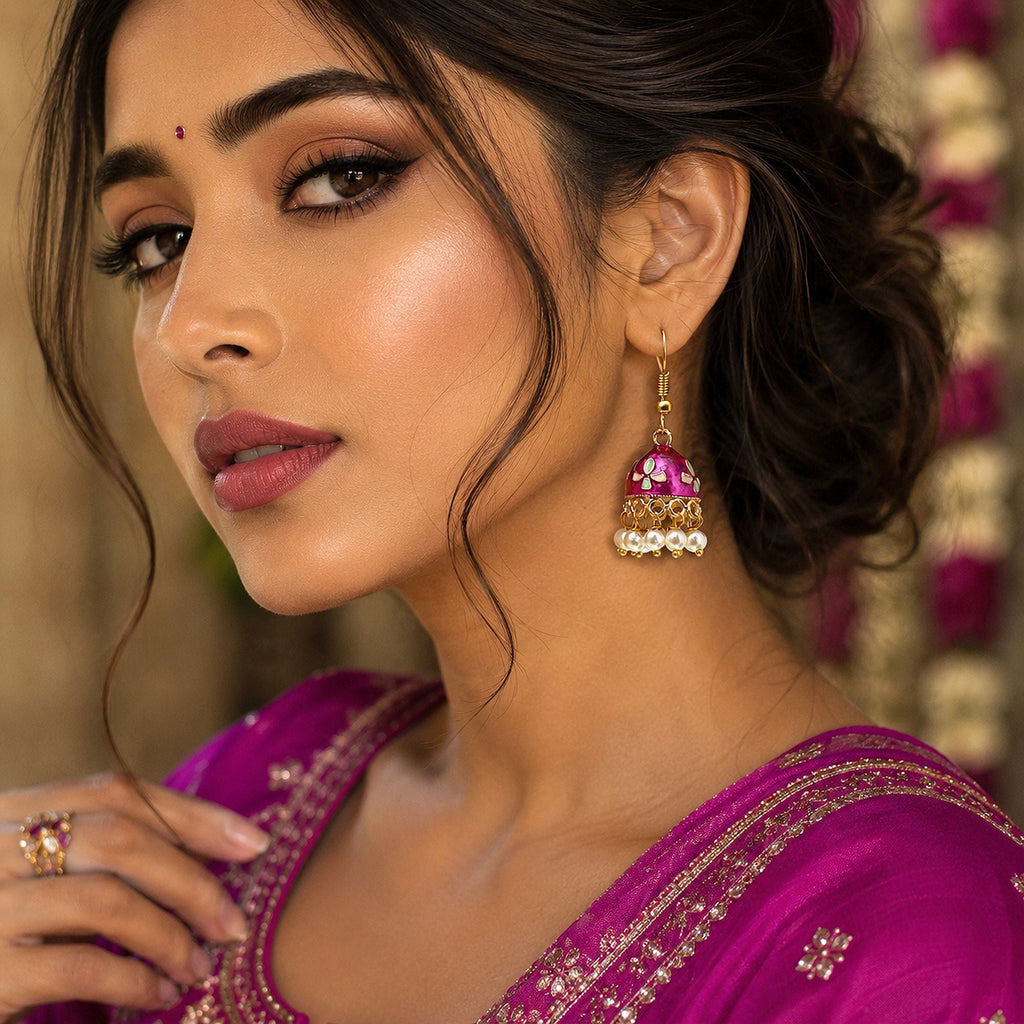 Magenta Color Meenakari Earrings Traditional Finish