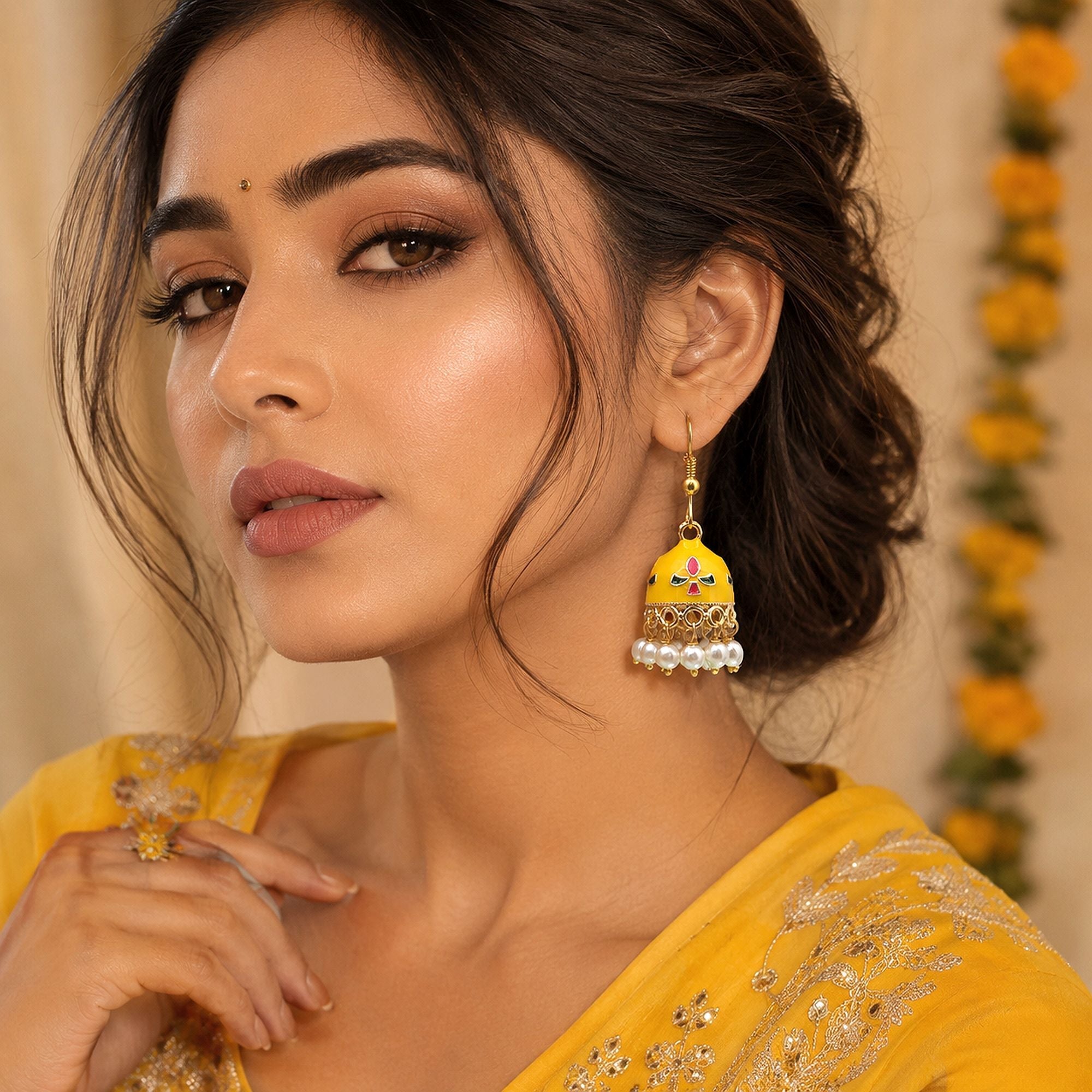 Yellow Color Meenakari Earrings Royal Ethnic Look