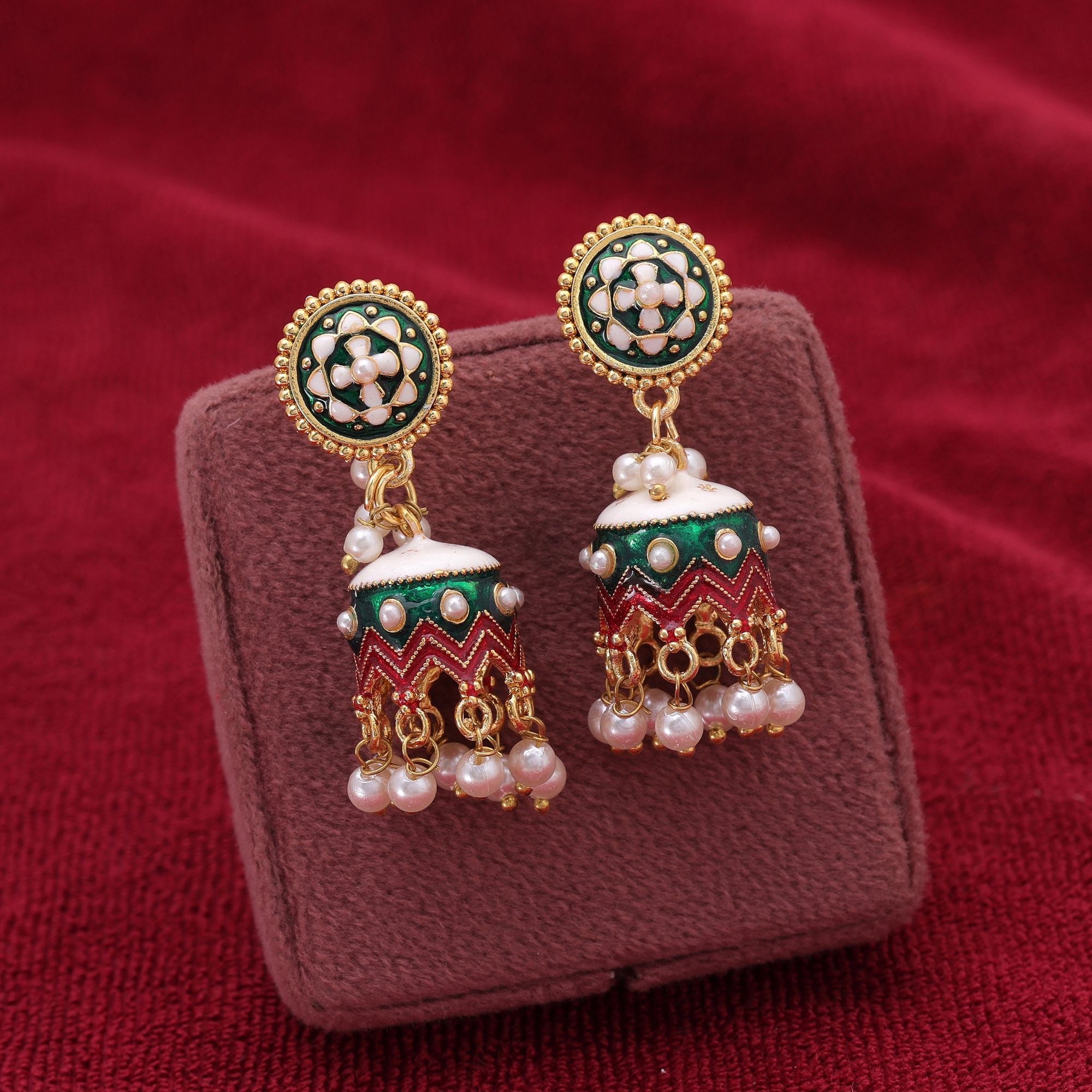 Green Color Meenakari Earrings Beautiful Handmade Finish