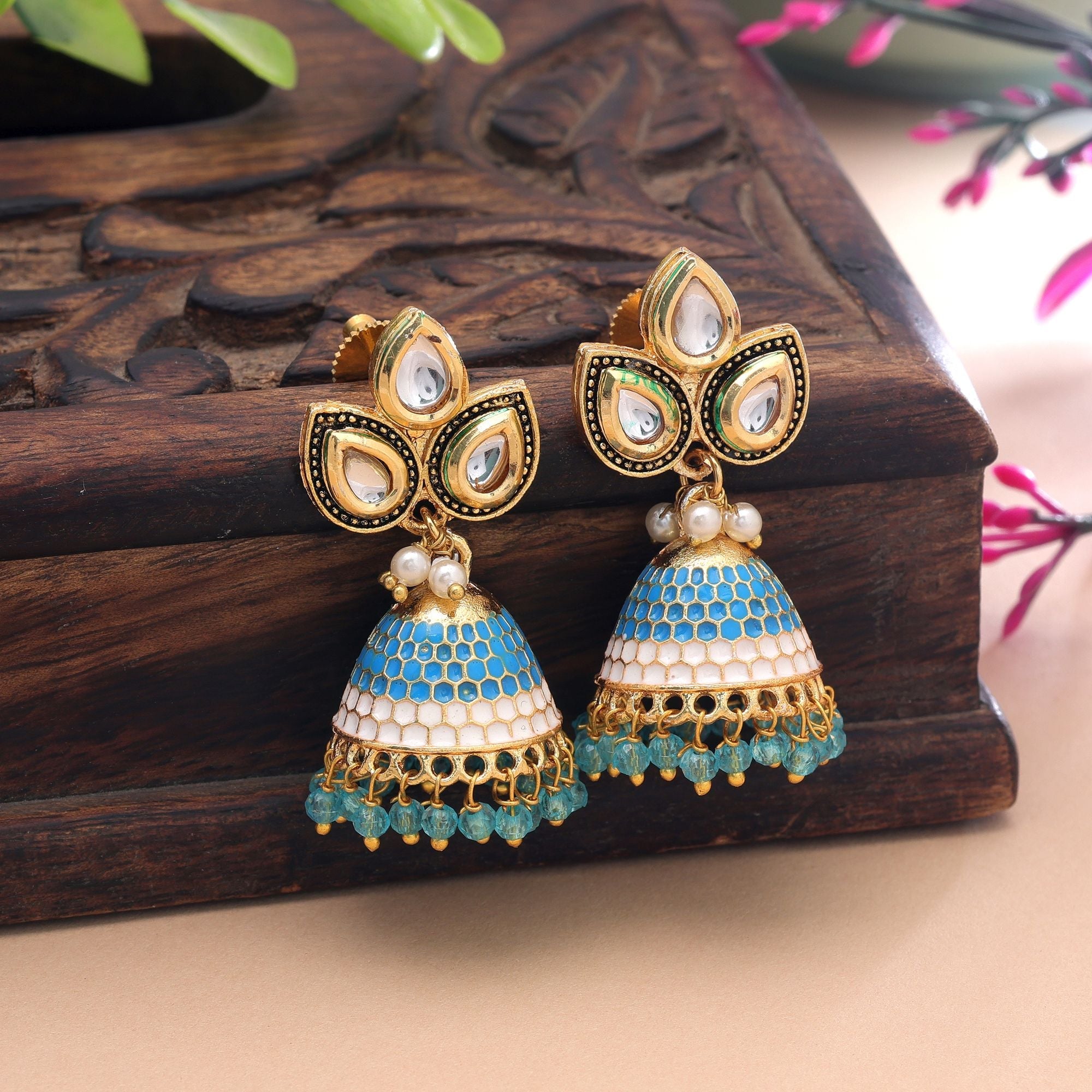 Firozi Color Meenakari Earrings Colorful Ethnic Look