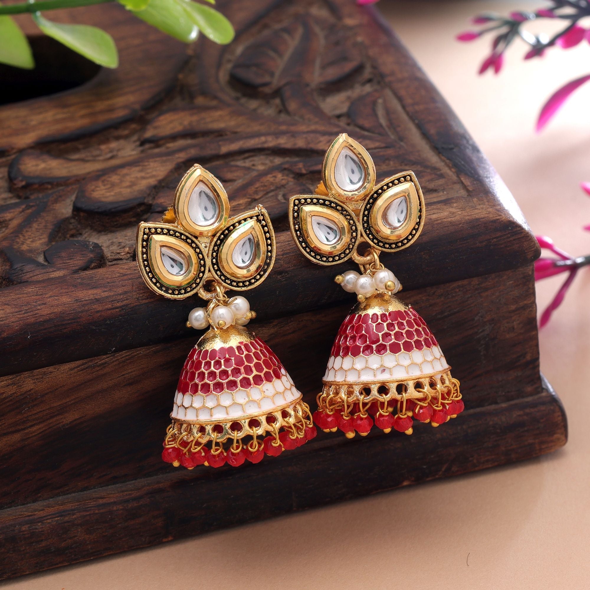 Red Color Meenakari Earrings Premium Handmade Style