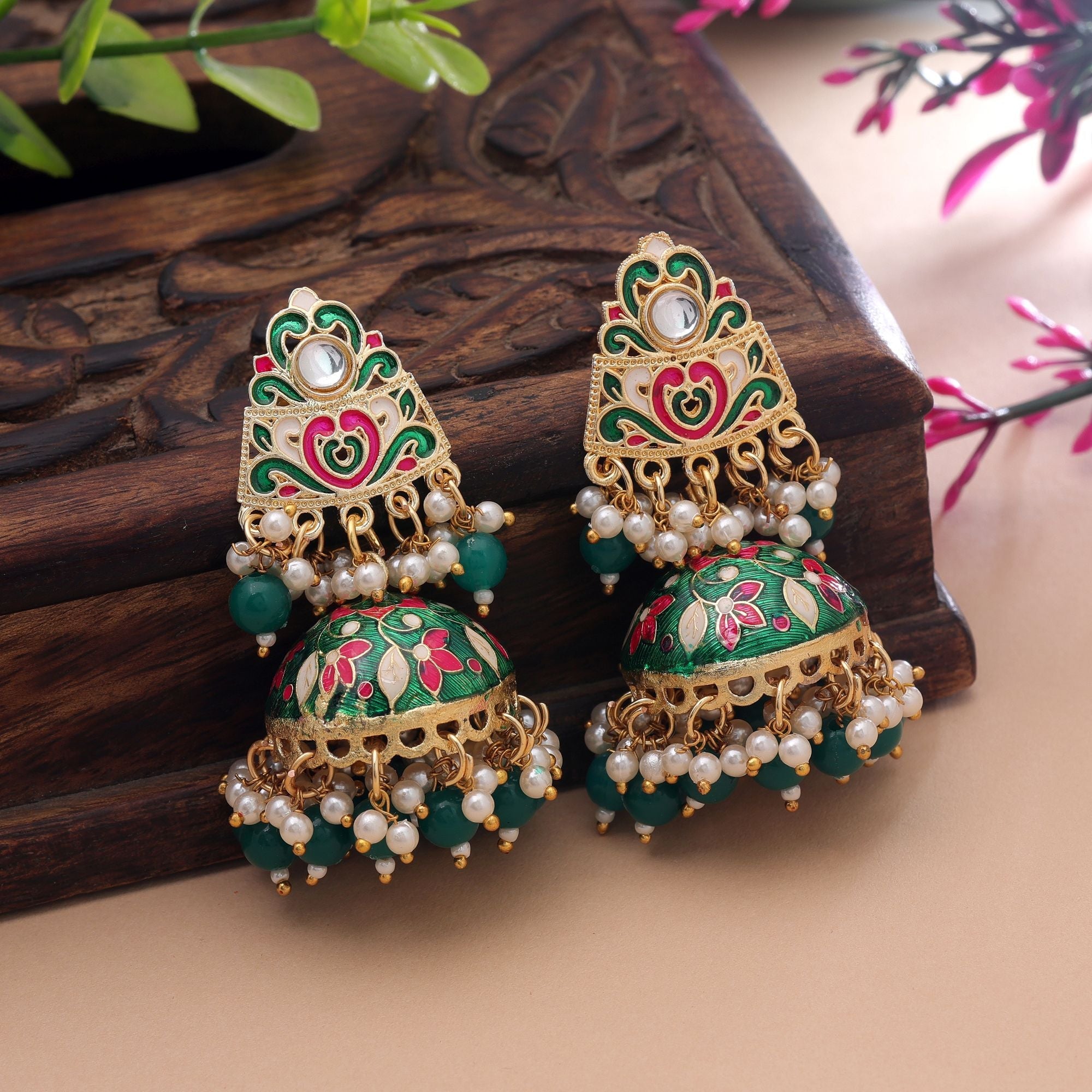 Green Color Meenakari Earrings Trendy Handmade Style