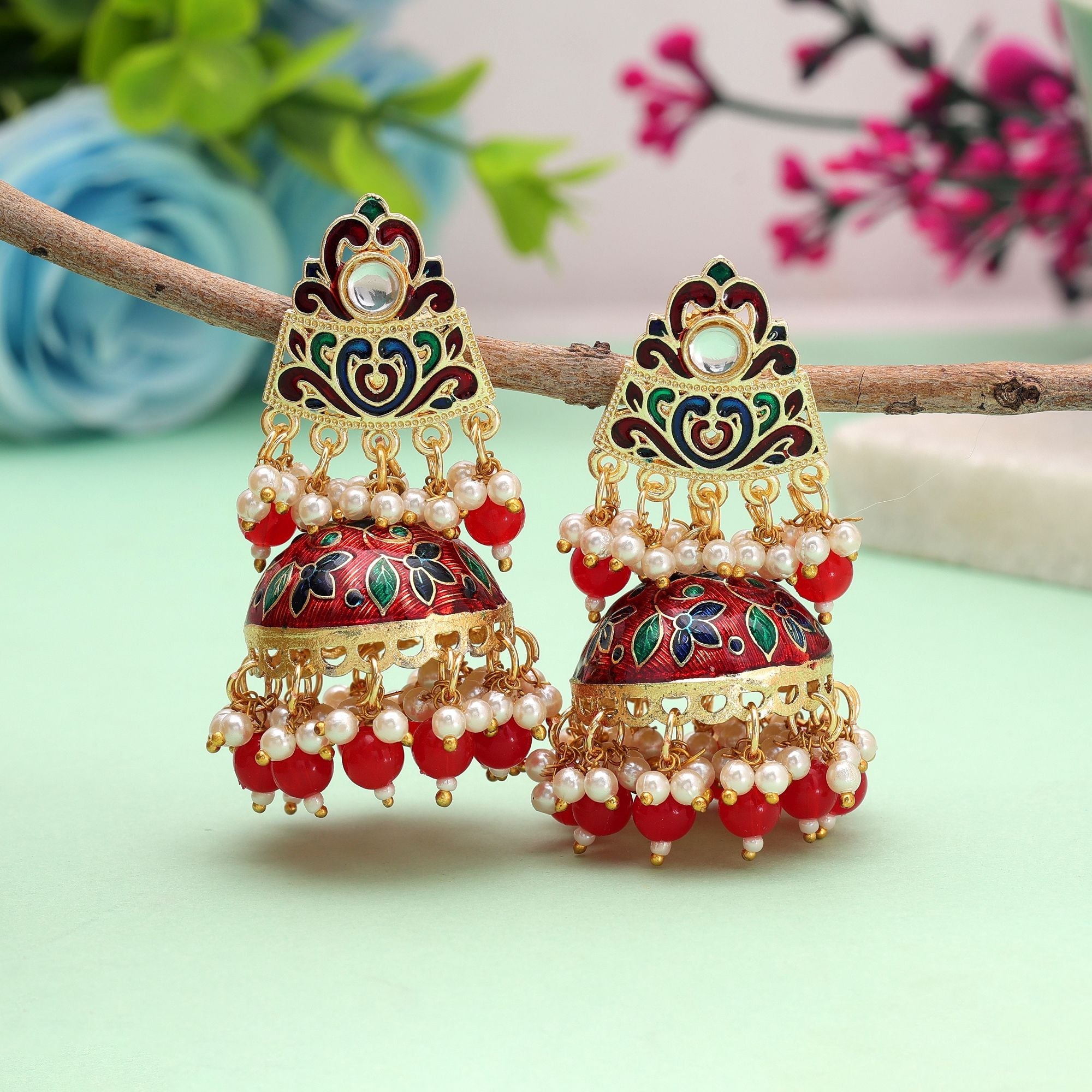 Red Color Meenakari Earrings Beautiful Ethnic Finish