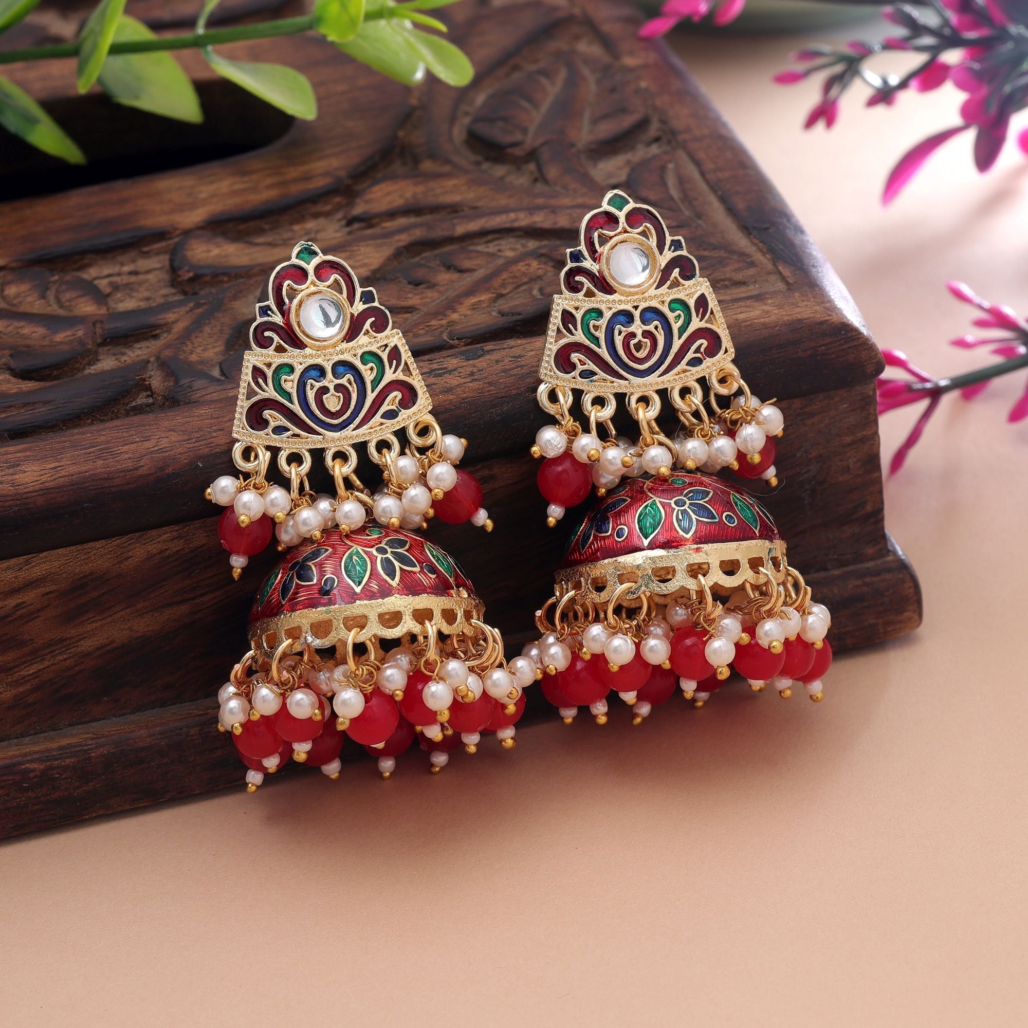 Red Color Meenakari Earrings Beautiful Ethnic Finish