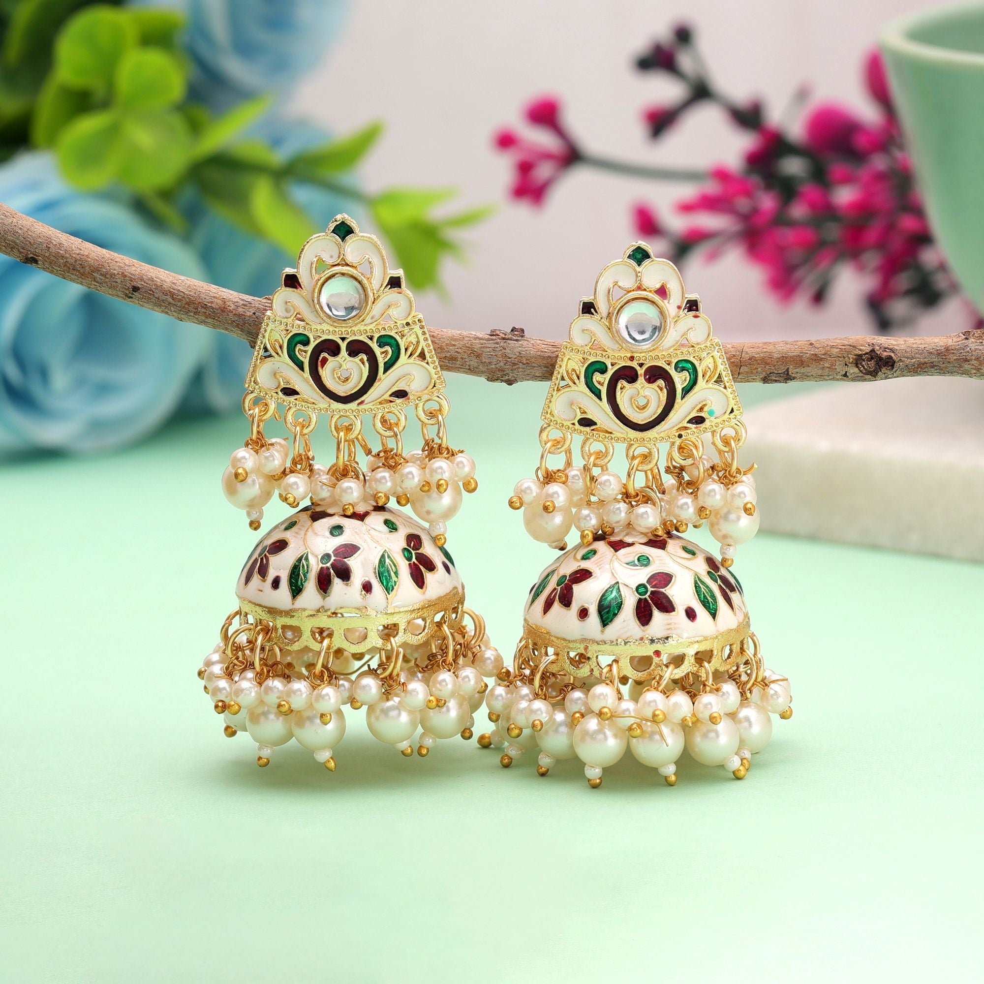White Color Meenakari Earrings Traditional Jewelry Finish