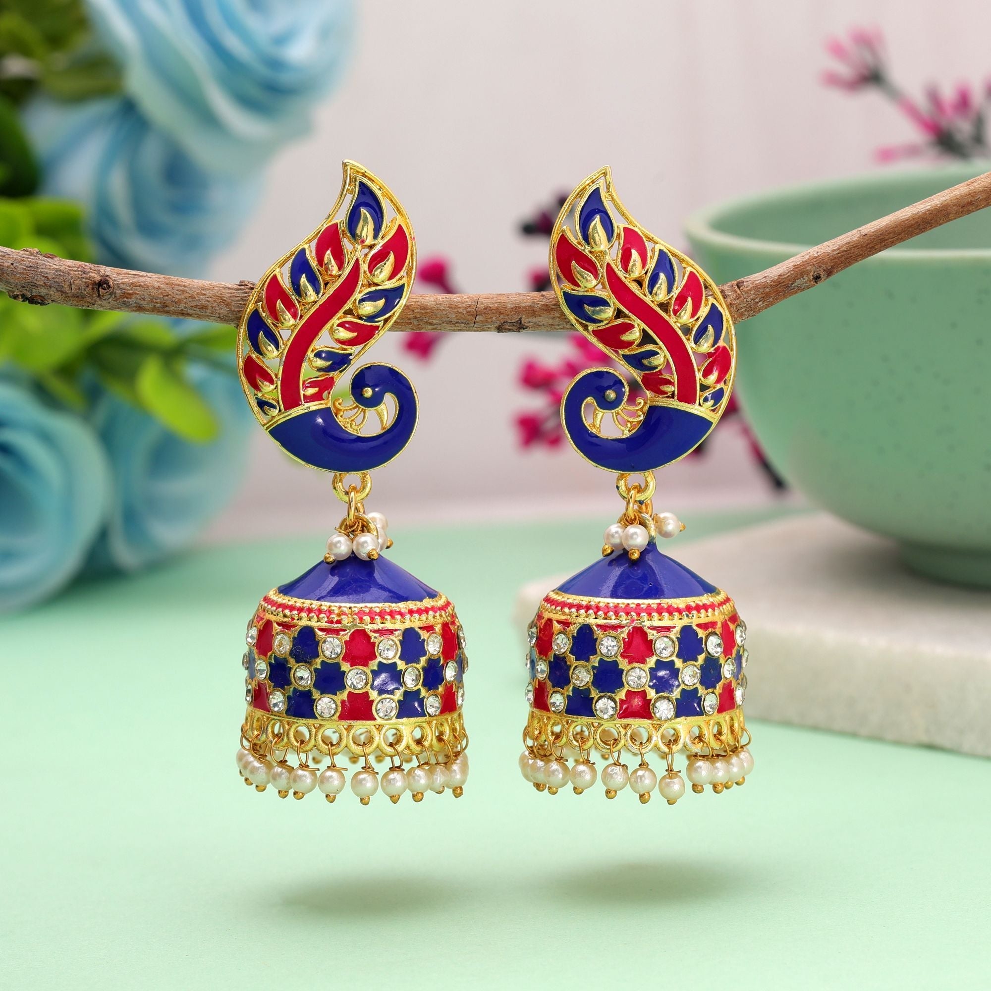 Blue & Rani Color Meenakari Earrings Stylish Look