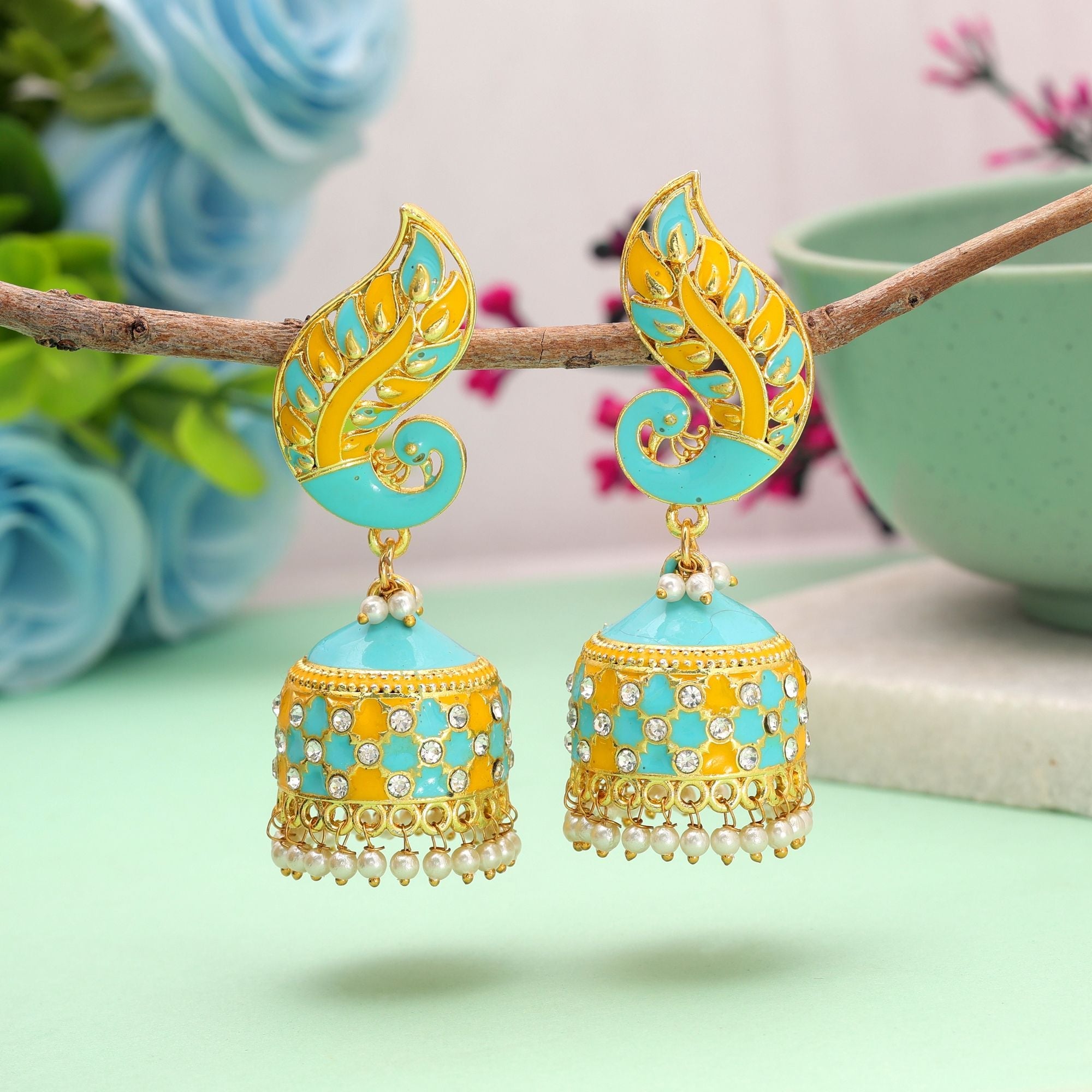 Firozi & Yellow Color Meenakari Earrings Traditional